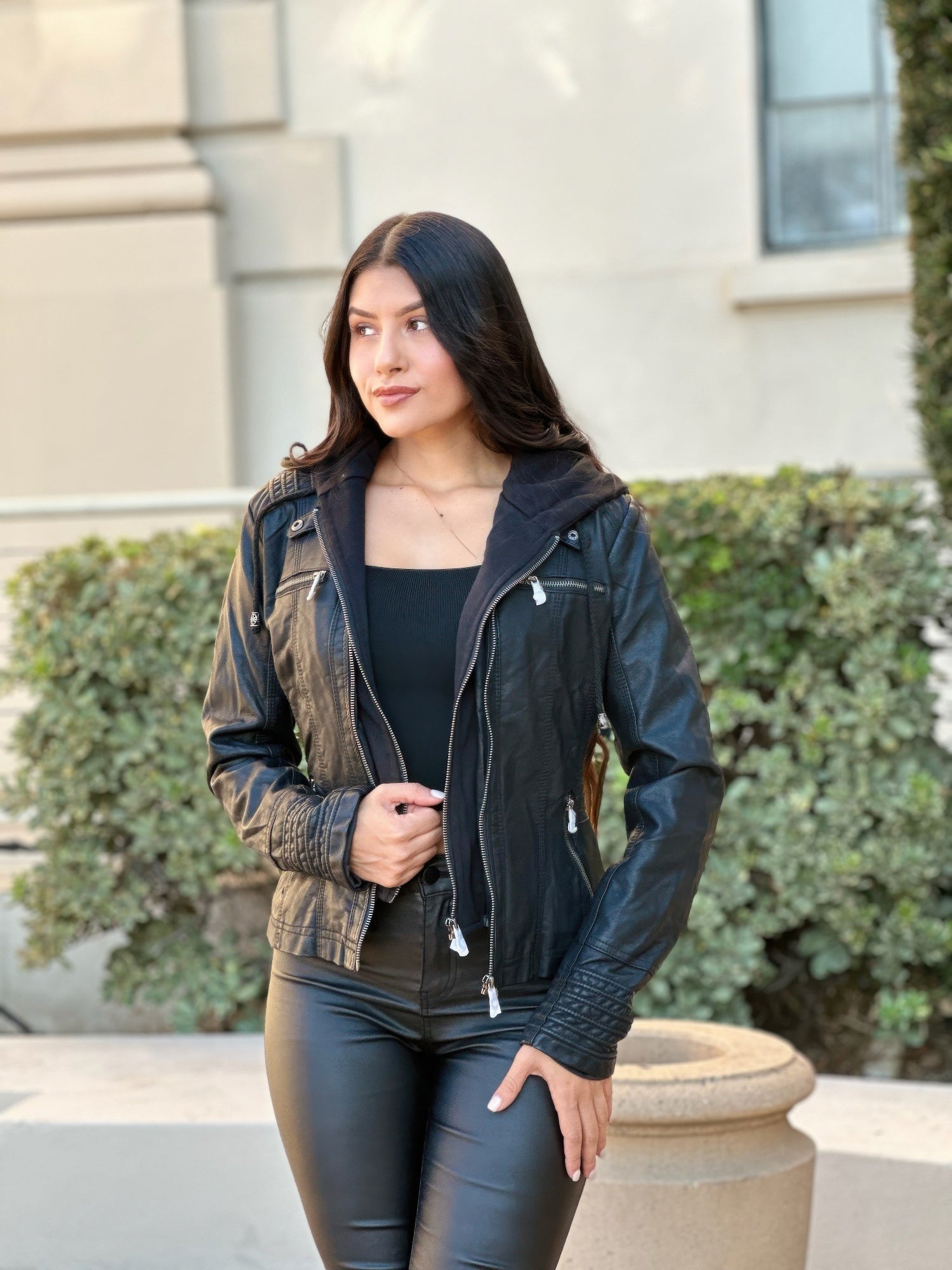 Hooded Faux Leather Jacket