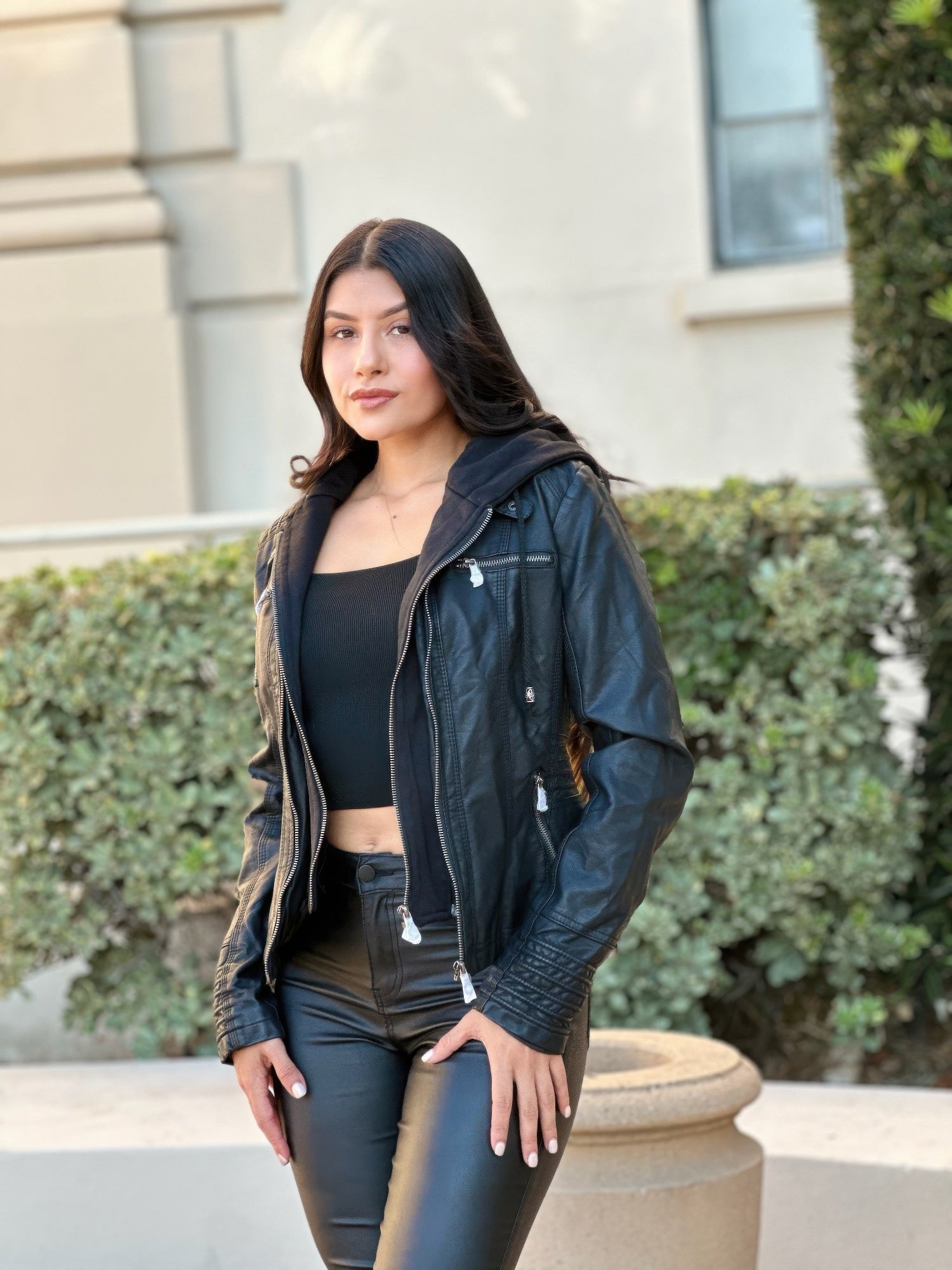 Hooded Faux Leather Jacket