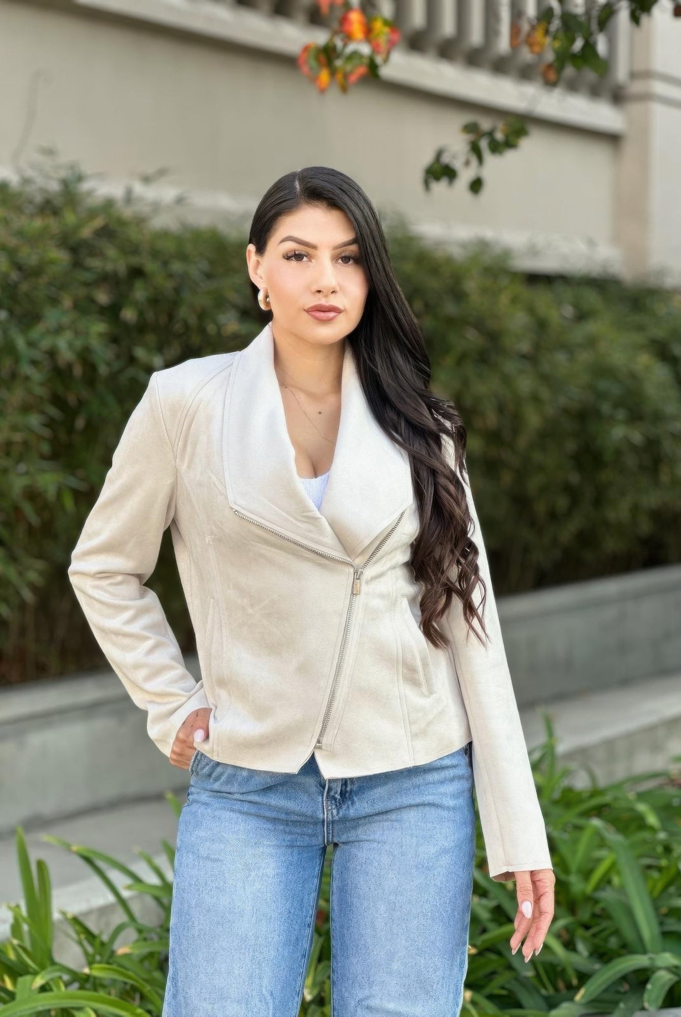 Suede Biker Zip Up Jacket With Pockets