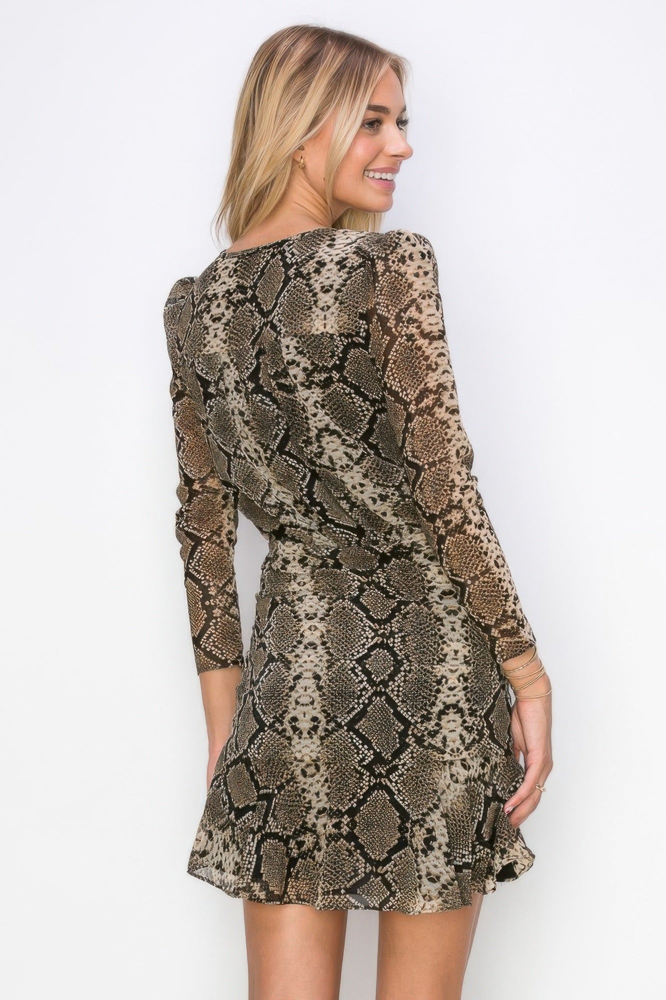 Side Ruched Wrap Snake Print Mini Dress