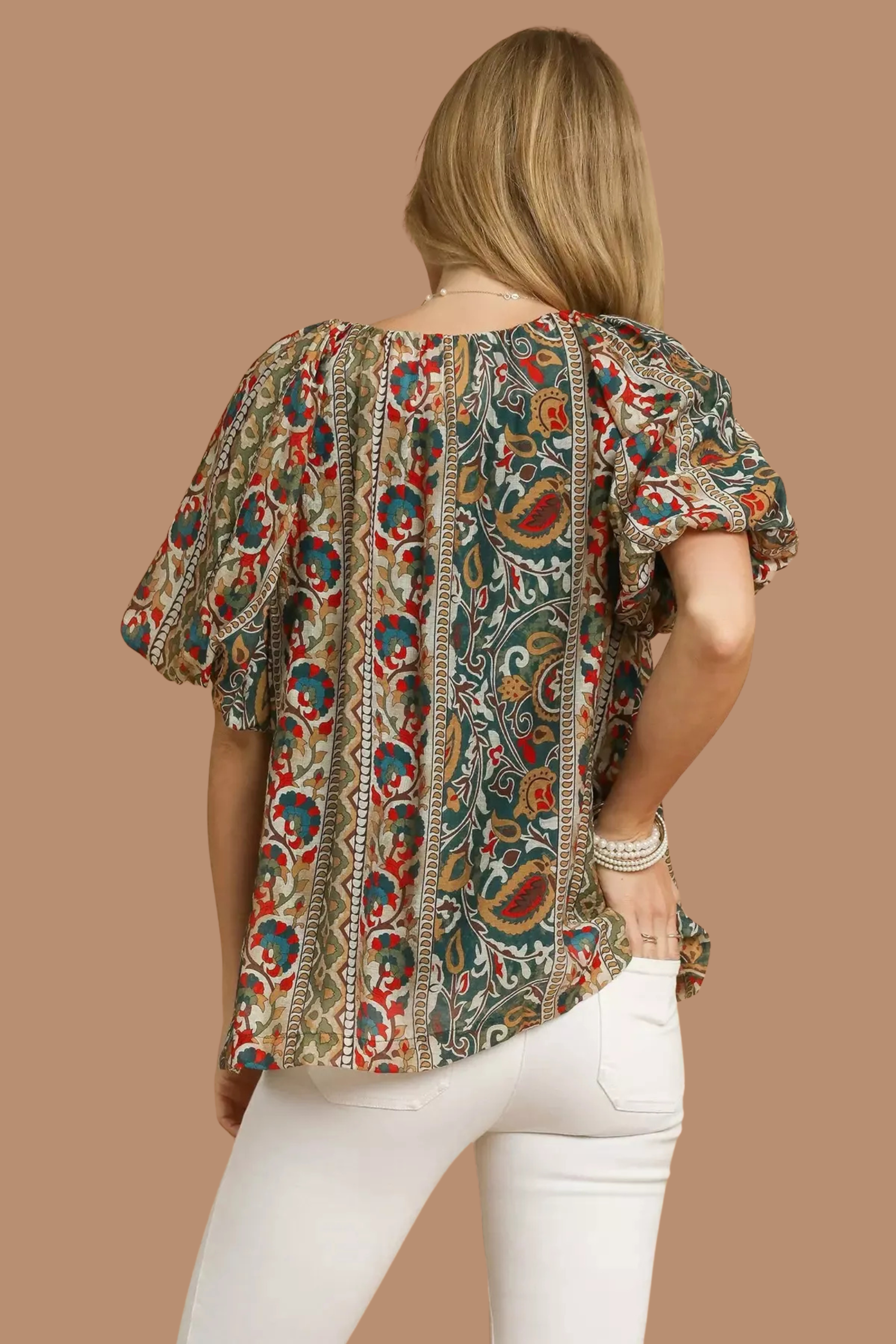 Boho Floral Stripe Puff Sleeve Blouse