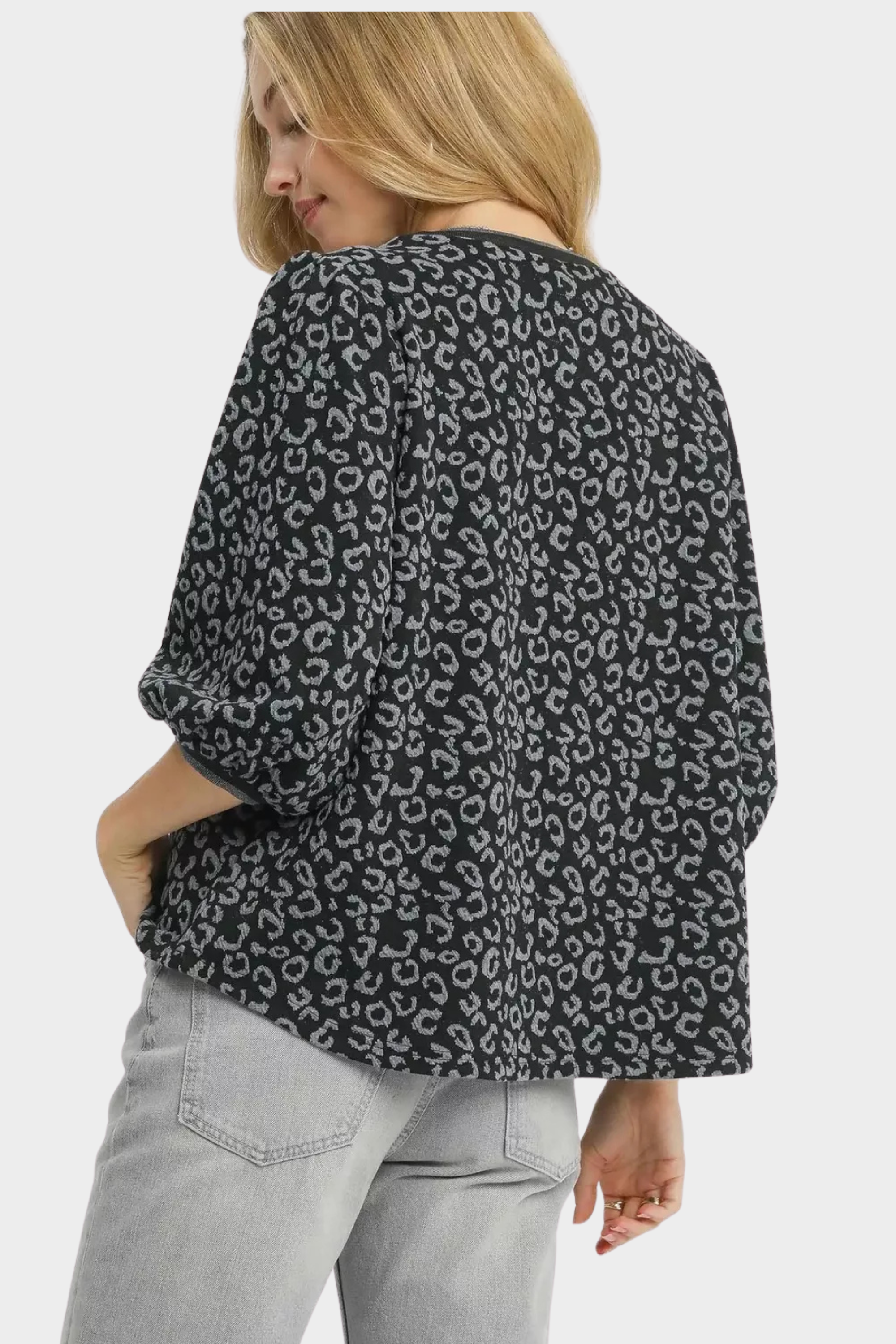 Leopard Print Jacquard Blouse with Puff Sleeves