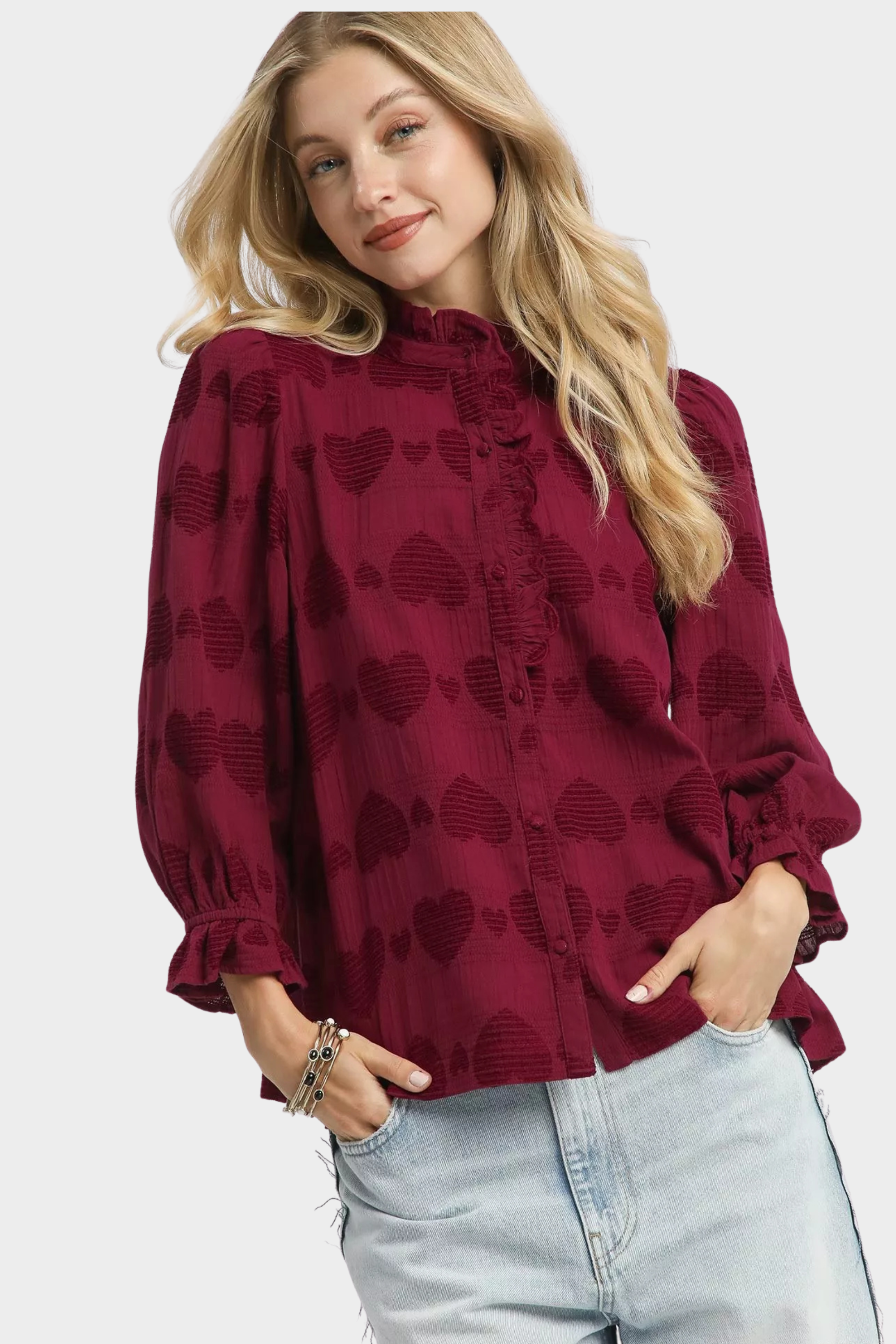 Heart Jacquard Ruffle Trim Shirt