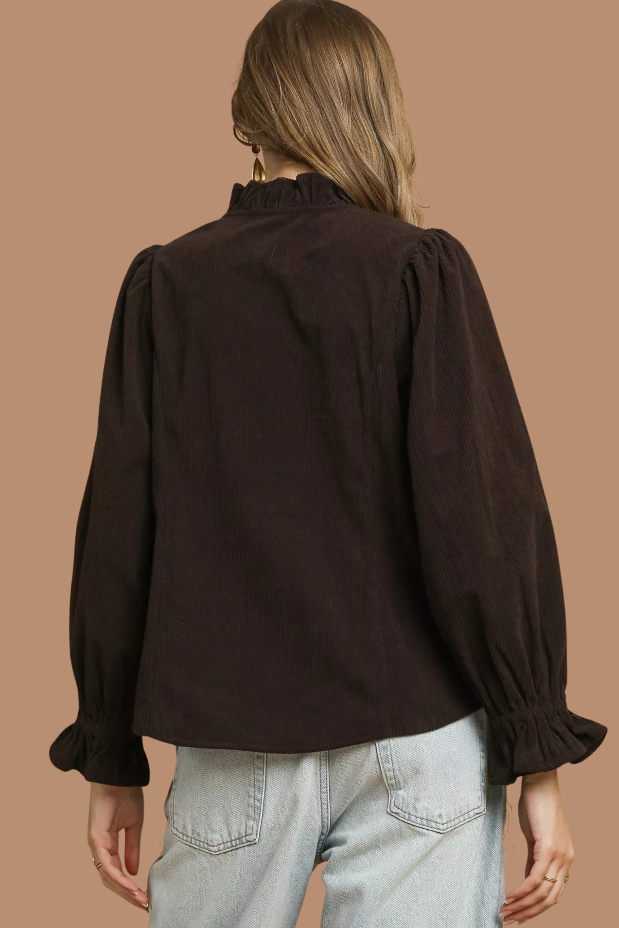 Corduroy Ruffle Shirt with Long Puff Sleeves