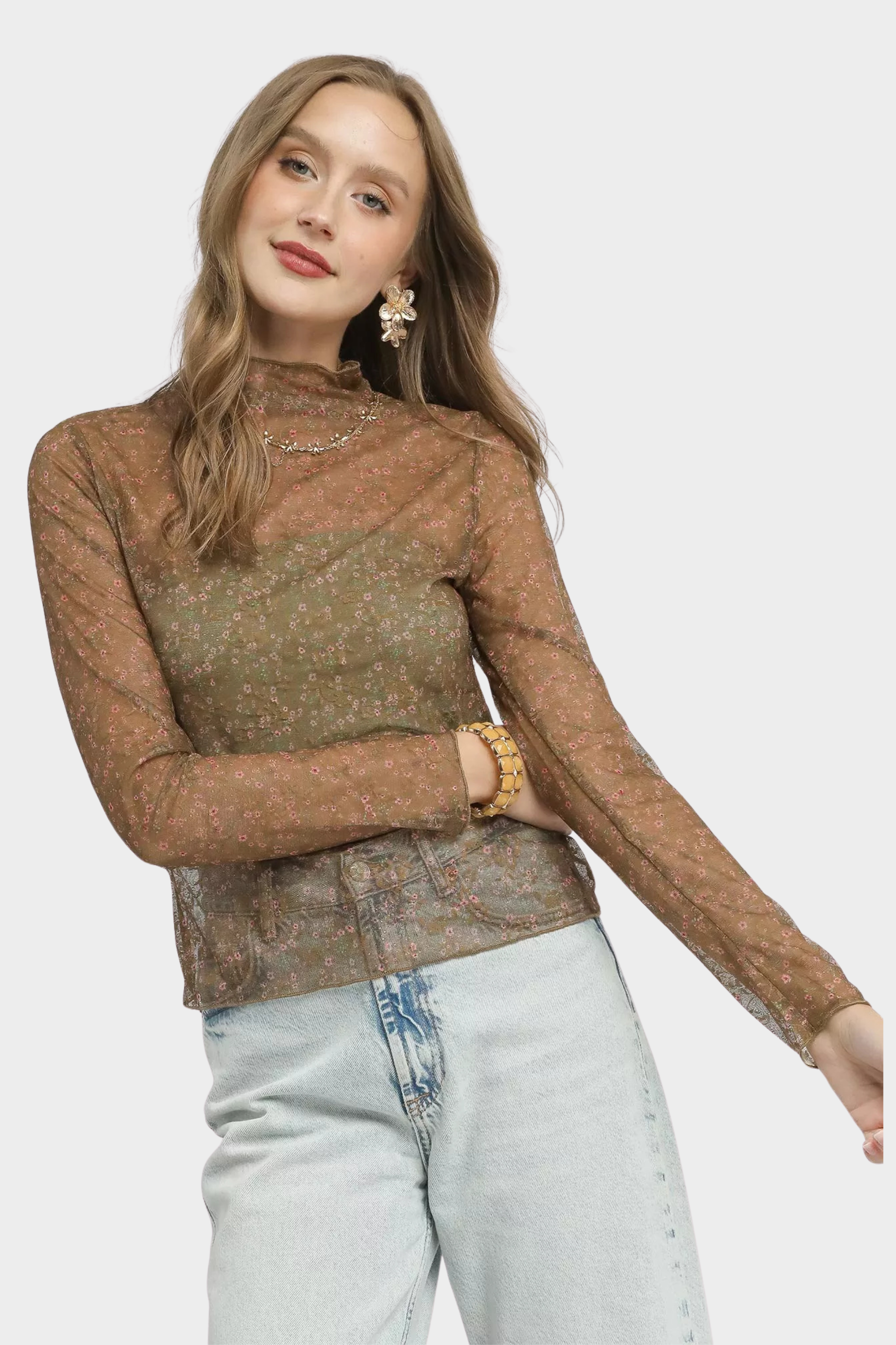 Lace Mesh Long Sleeve Top