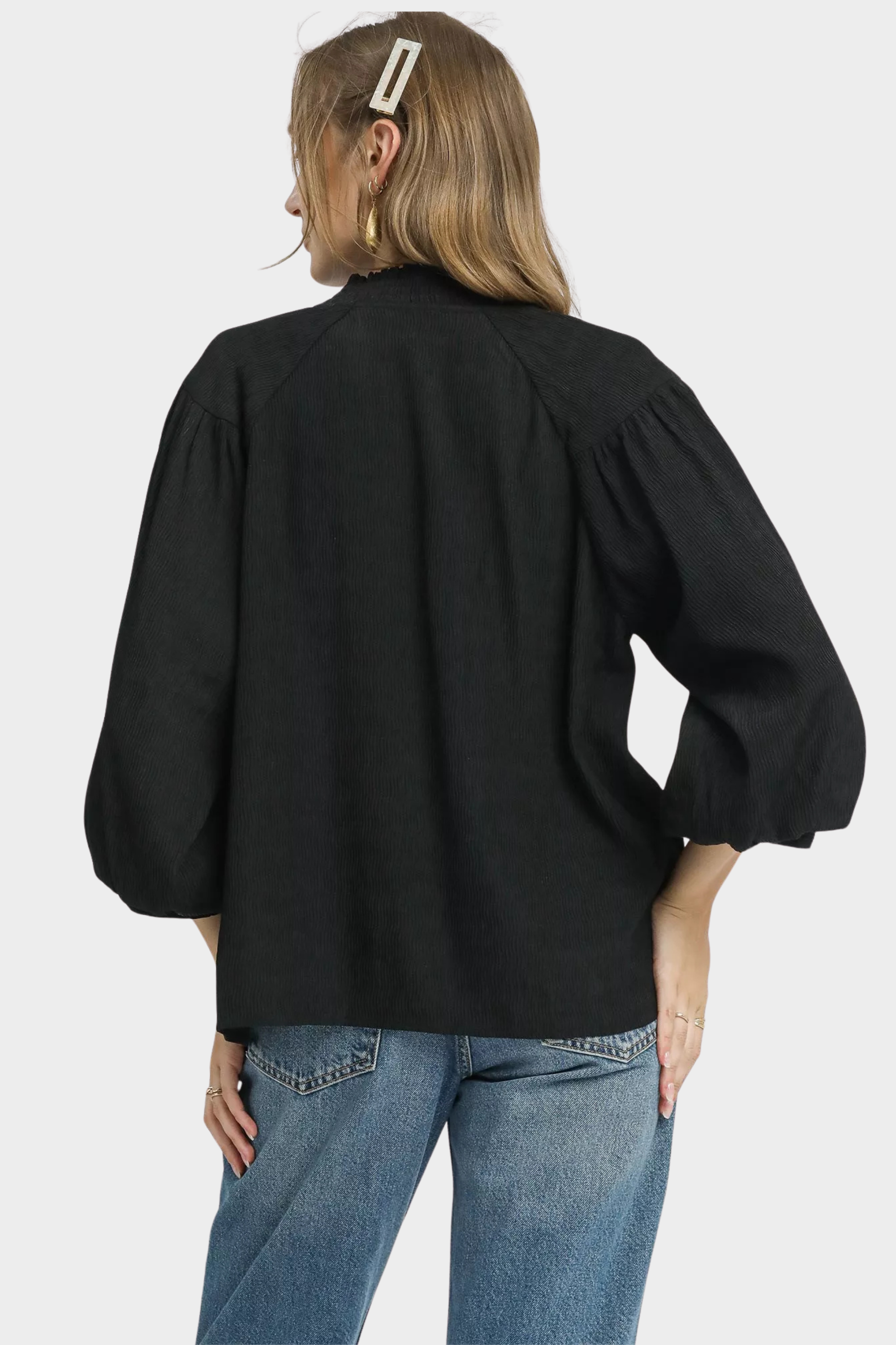 Textured V-Neck Blouse with Balloon Sleeves
