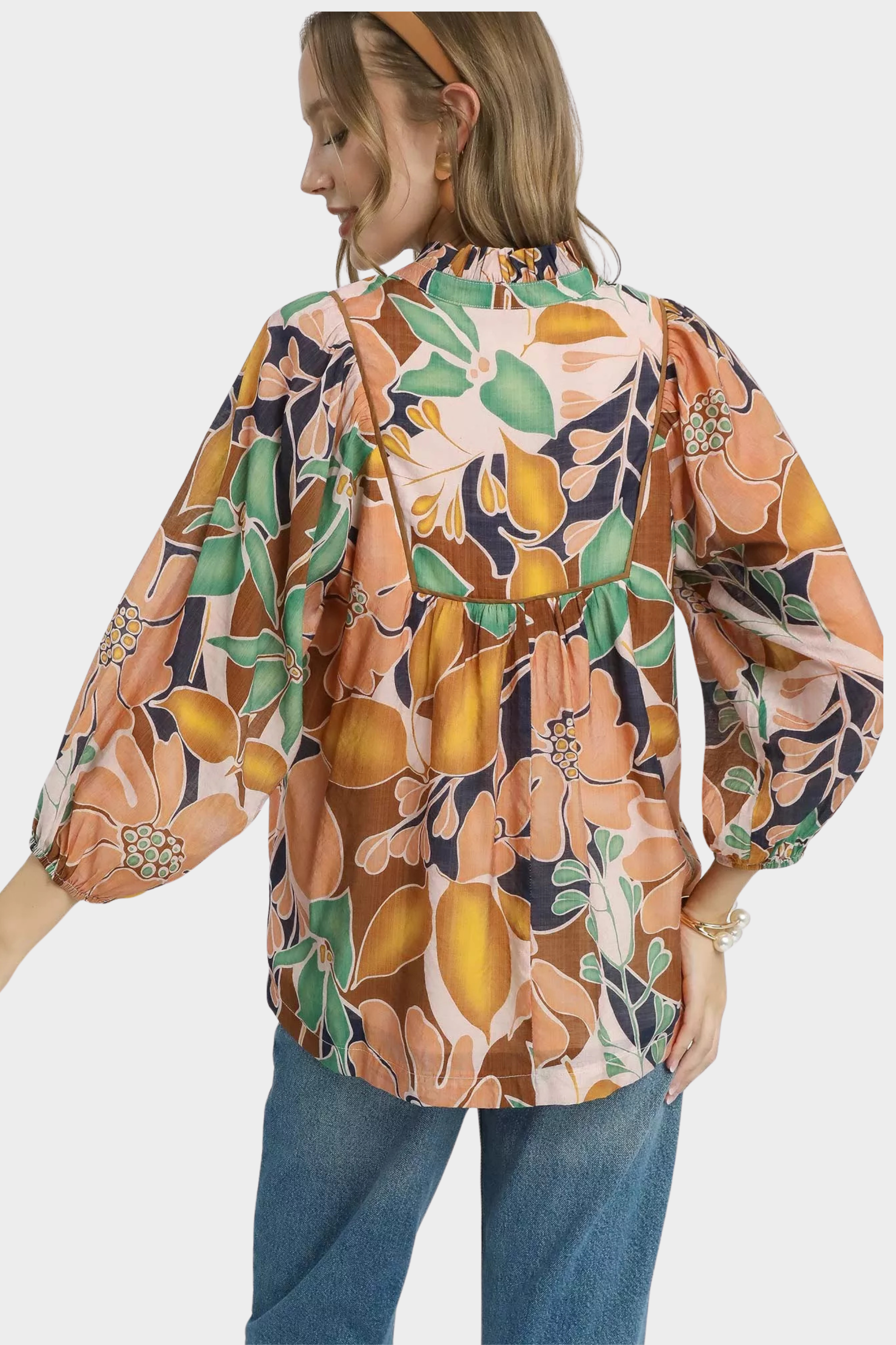 Abstract Floral Print Ruffle Neck Blouse