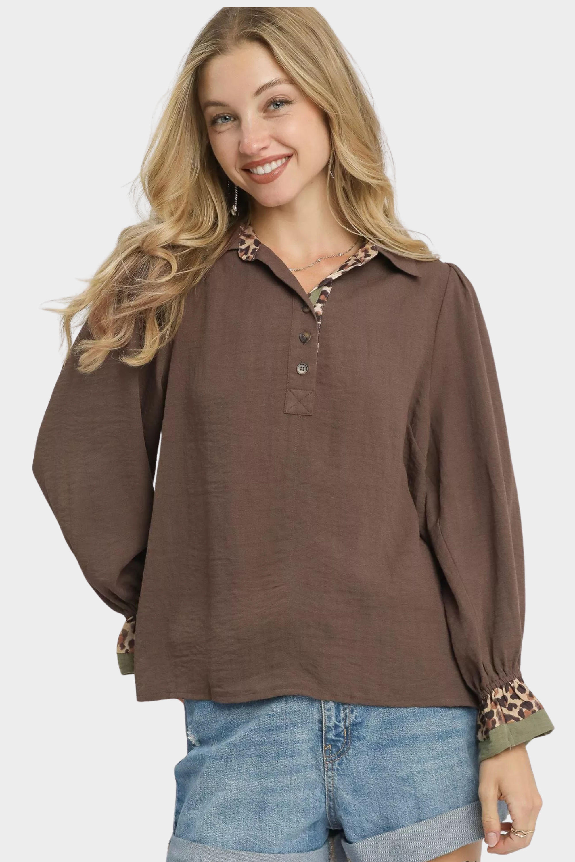 Half Button Blouse with Leopard Print Trim