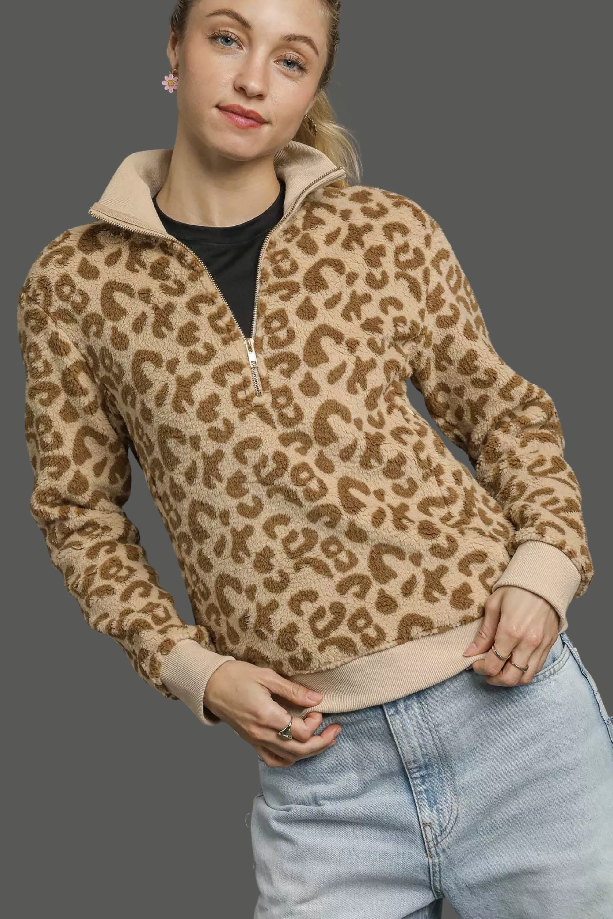 Leopard Print Quarter-Zip Sweatshirt