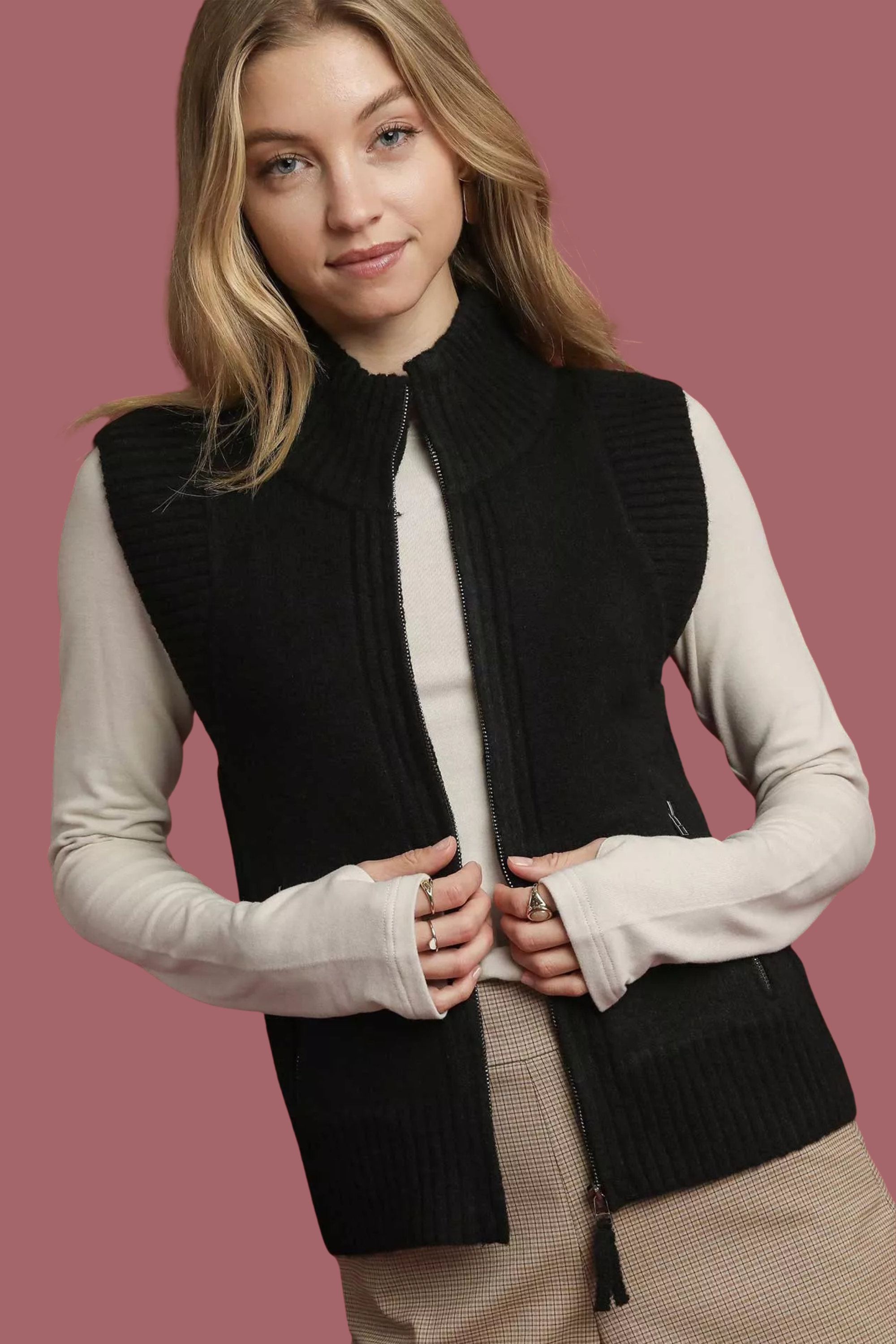 Zip-Up Sweater Vest with Ribbed Trim
