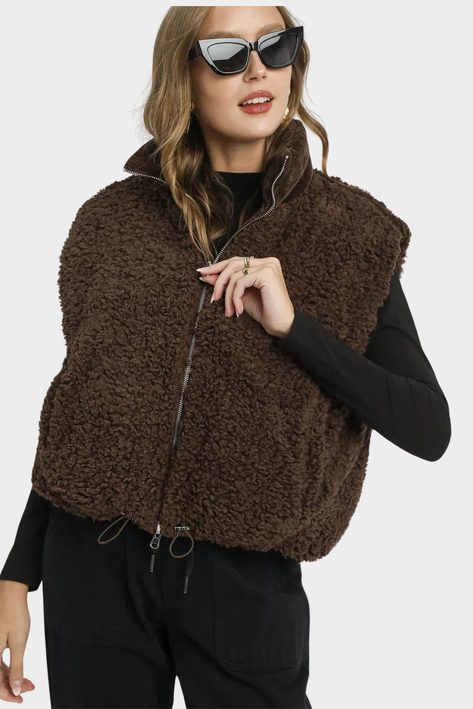 Sherpa-Lined Zip Vest with Drawstring Hem