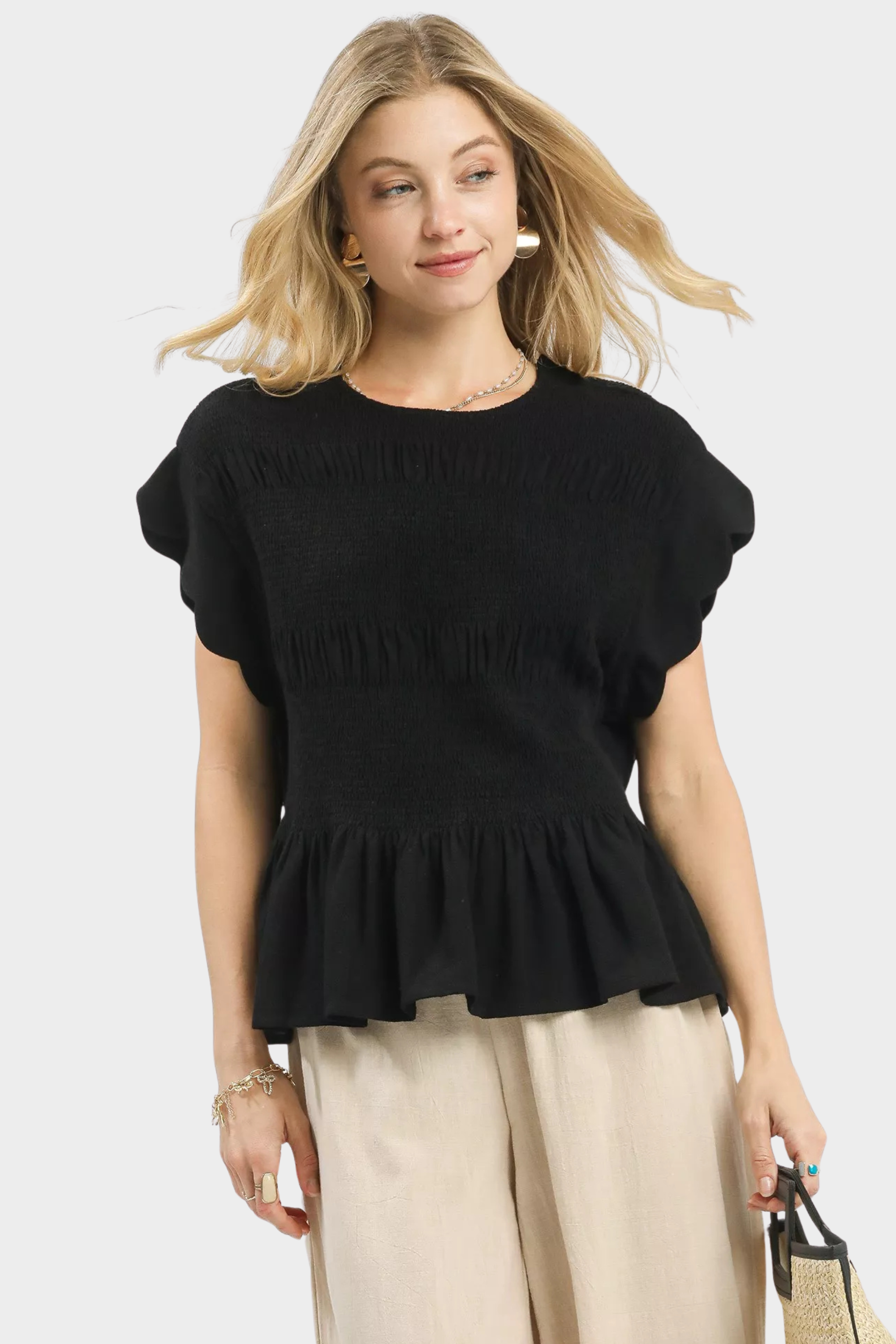 Linen Blend Smocked Peplum Blouse