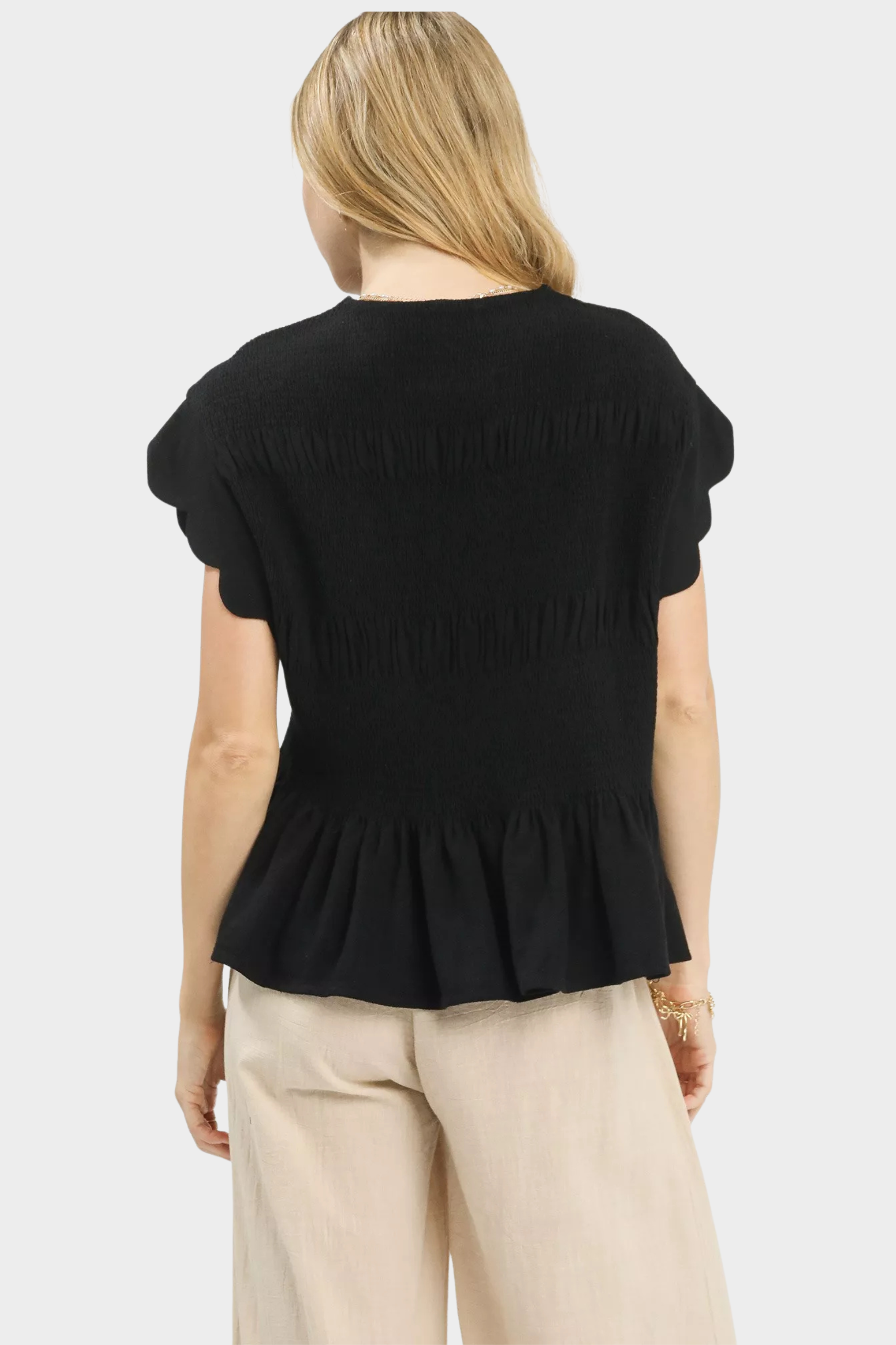 Linen Blend Smocked Peplum Blouse