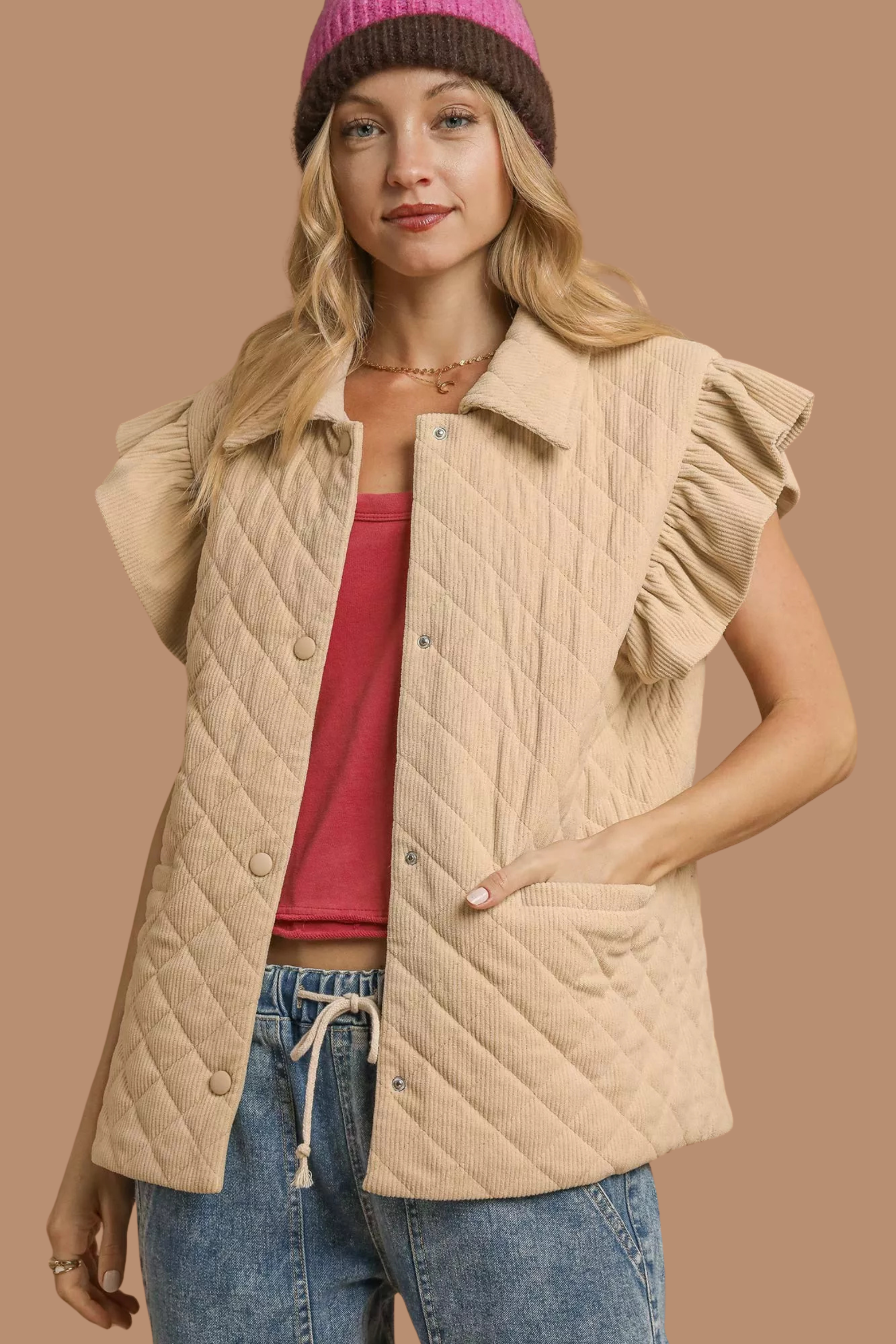 Corduroy Quilted Ruffle Sleeve Vest