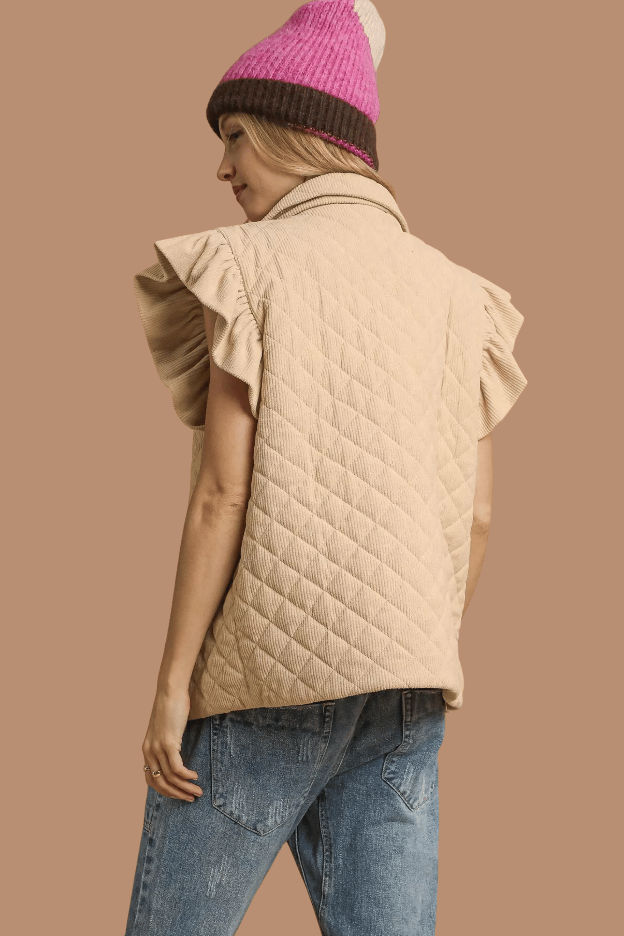 Corduroy Quilted Ruffle Sleeve Vest