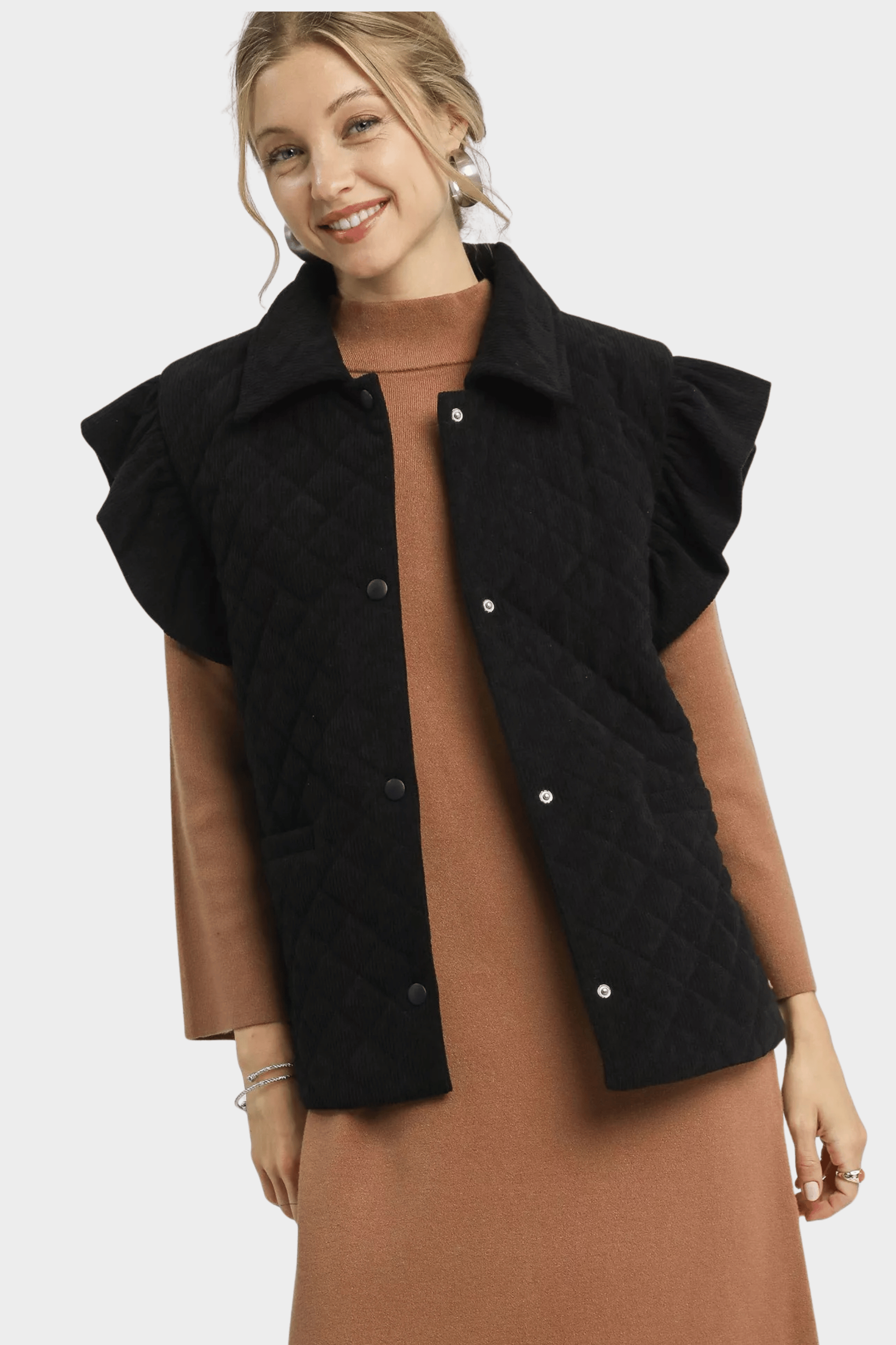 Corduroy Quilted Ruffle Sleeve Vest