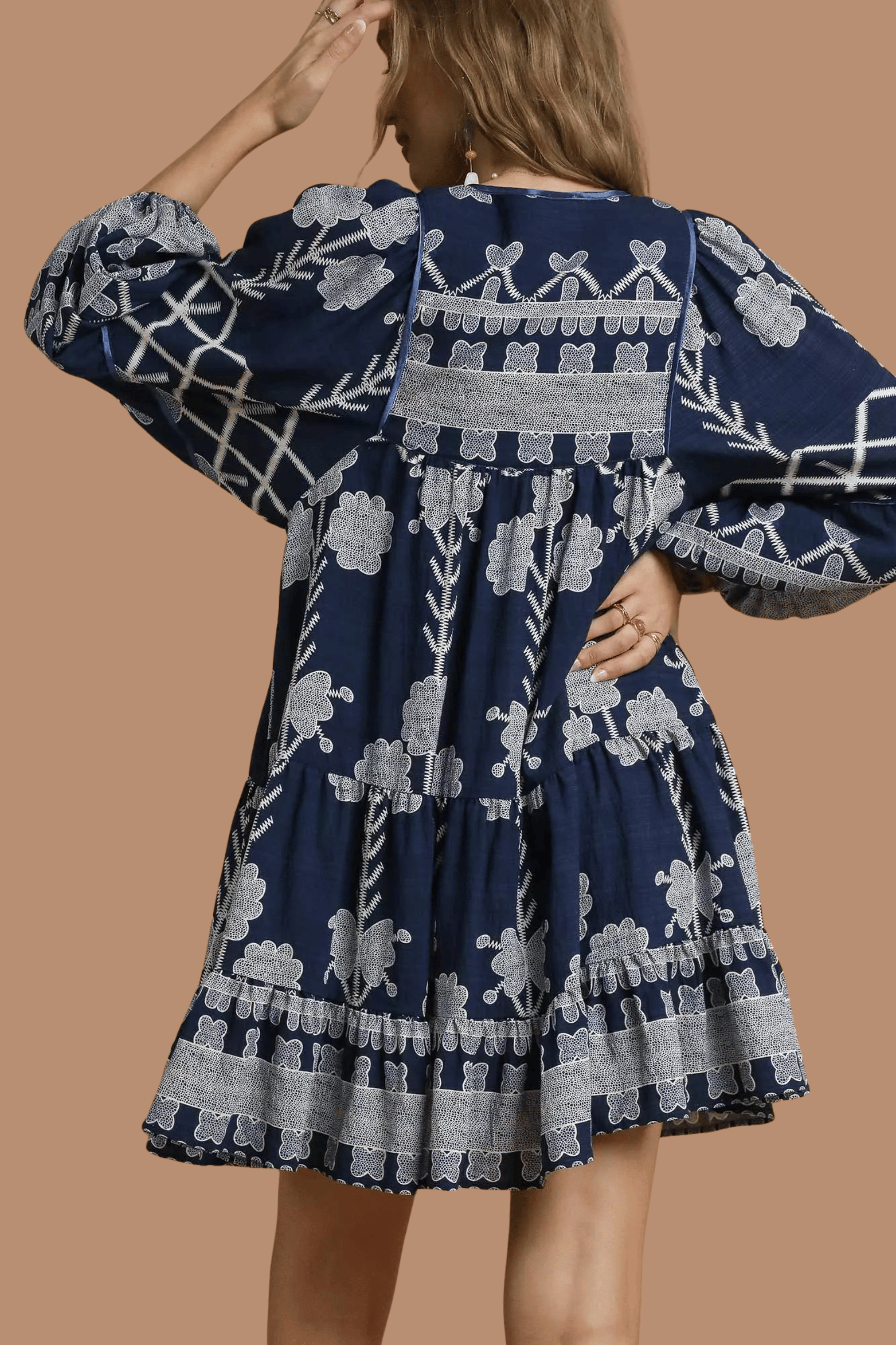 Tribal Print Dress with Tie Neck