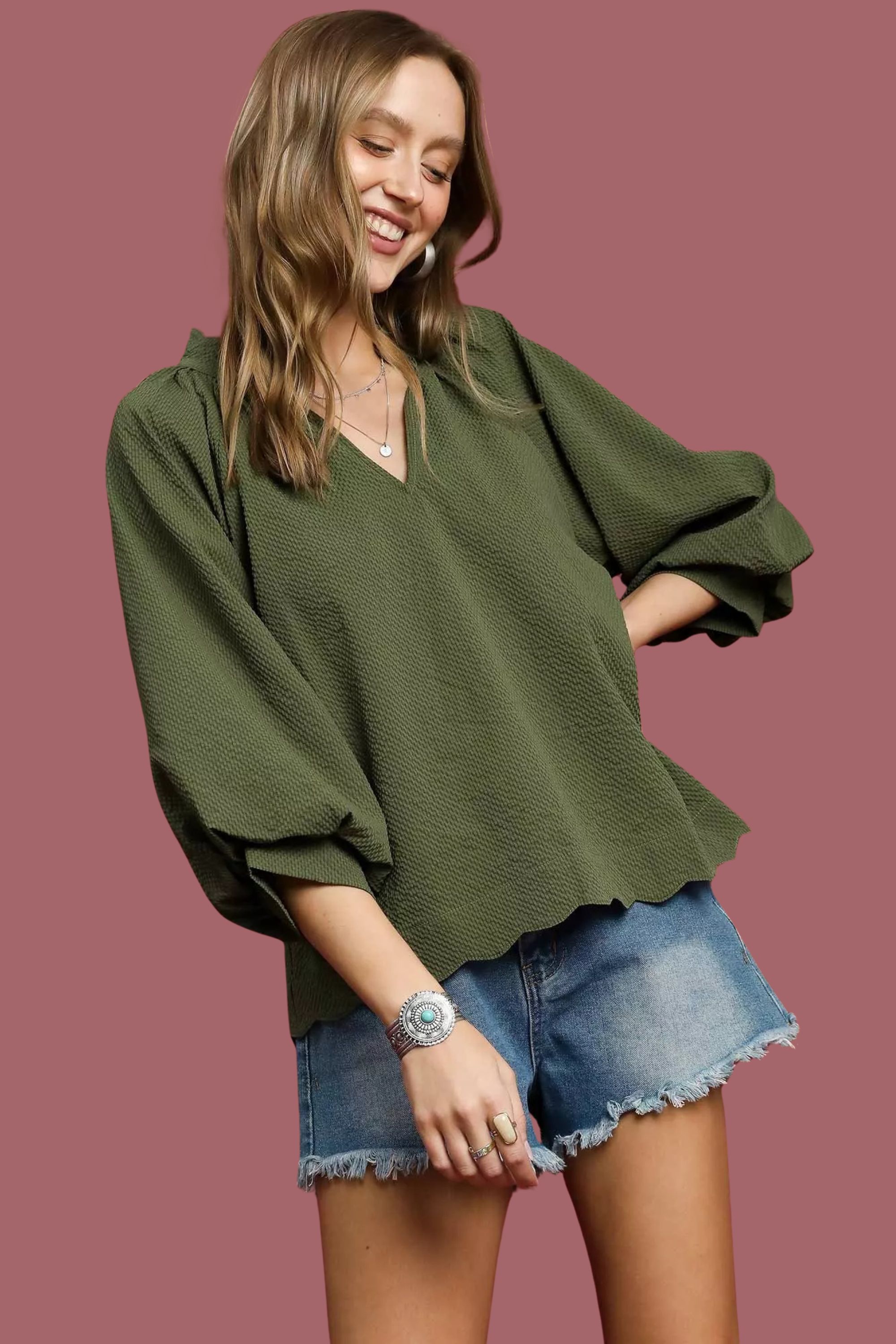 Textured Balloon Sleeve Blouse