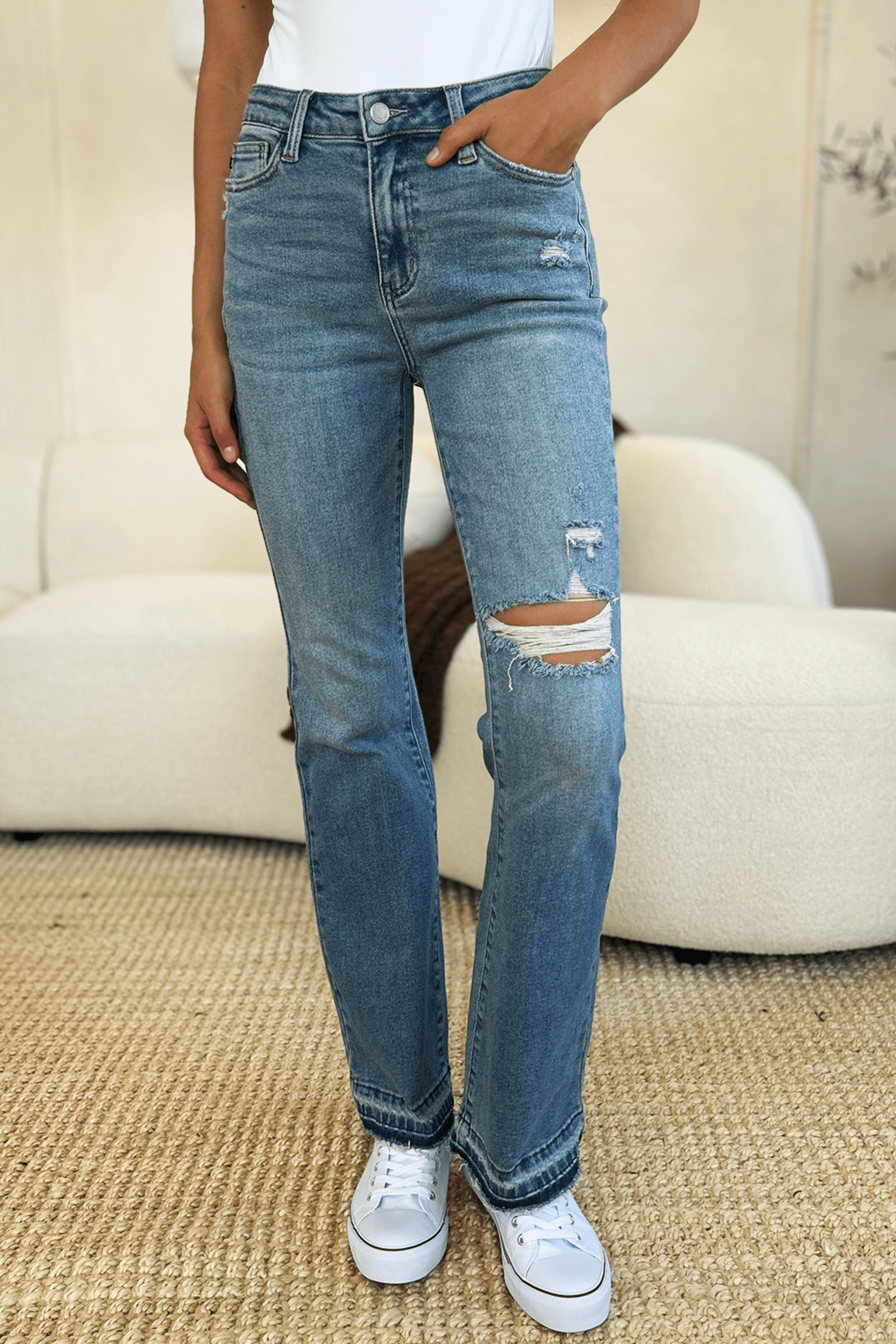 Mid Rise Destroyed Hem Distressed Jeans