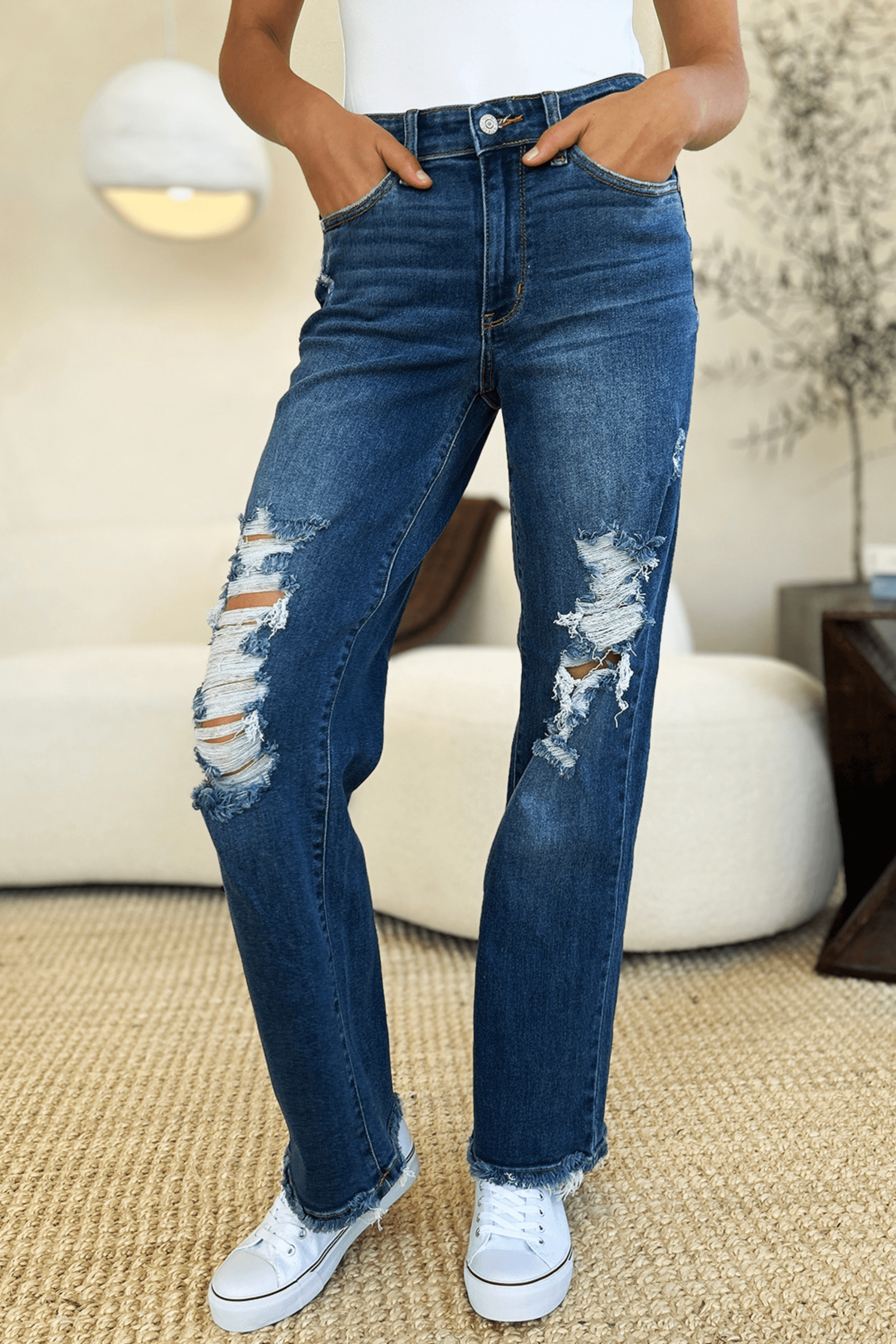 Mid Rise Distressed Raw Hem Jeans
