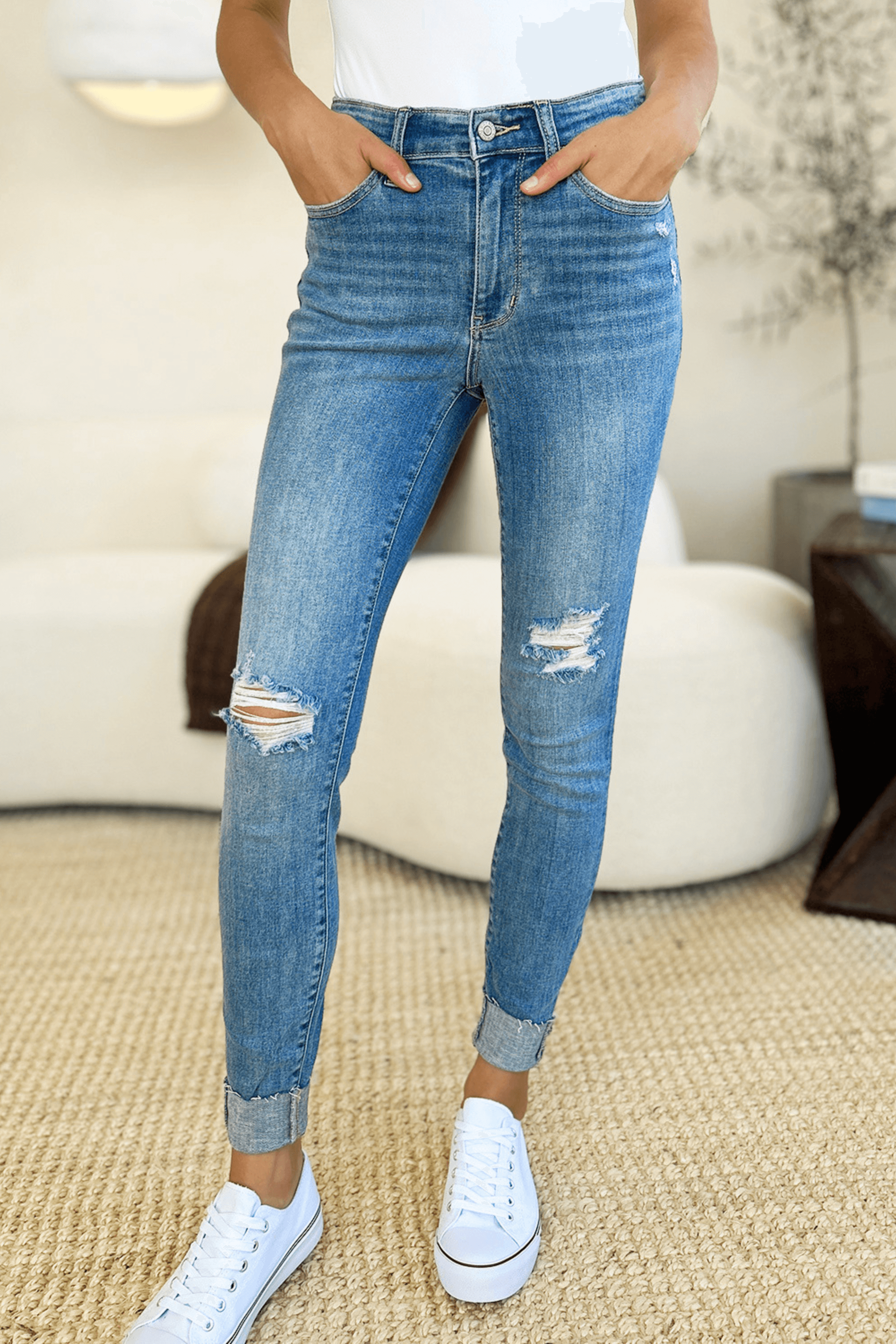 Mid Rise Destroy & Cuff Skinny Jeans
