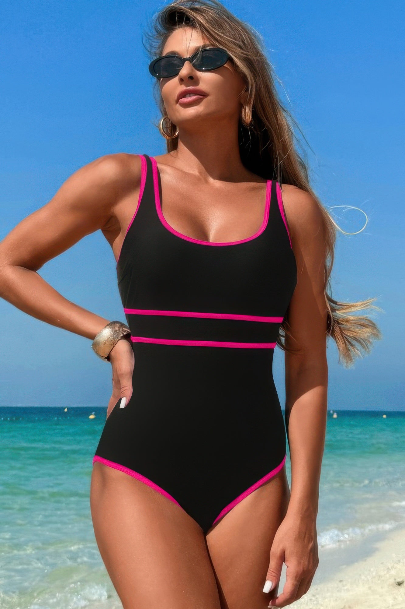 U-Neck Contrast Trim Strip One Piece Swimsuit