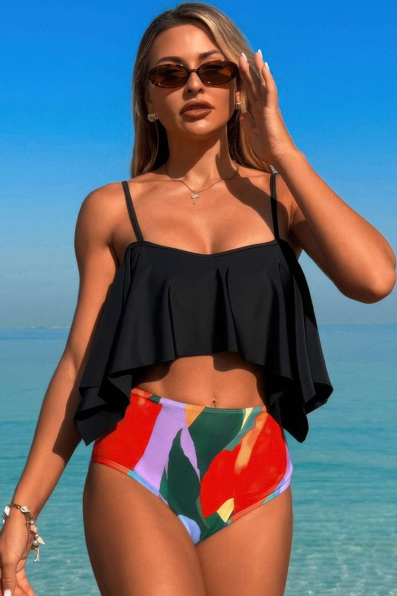 Ruffle Top High Waisted Bottom Tankini Swimsuit