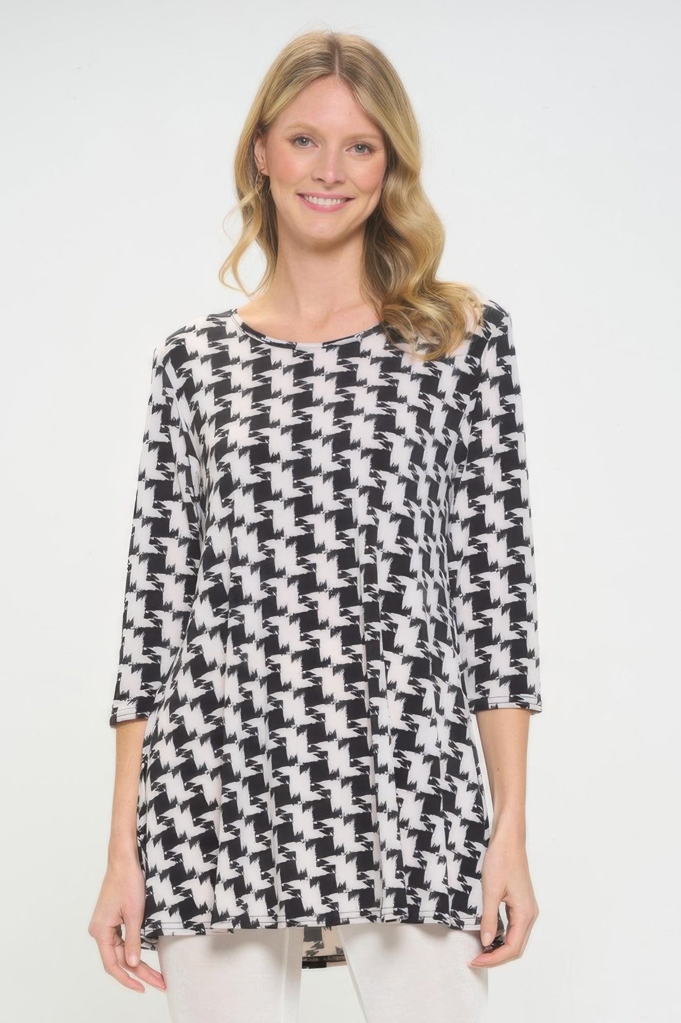 Houndstooth Print Ity Fabric Quarter Sleeve Top