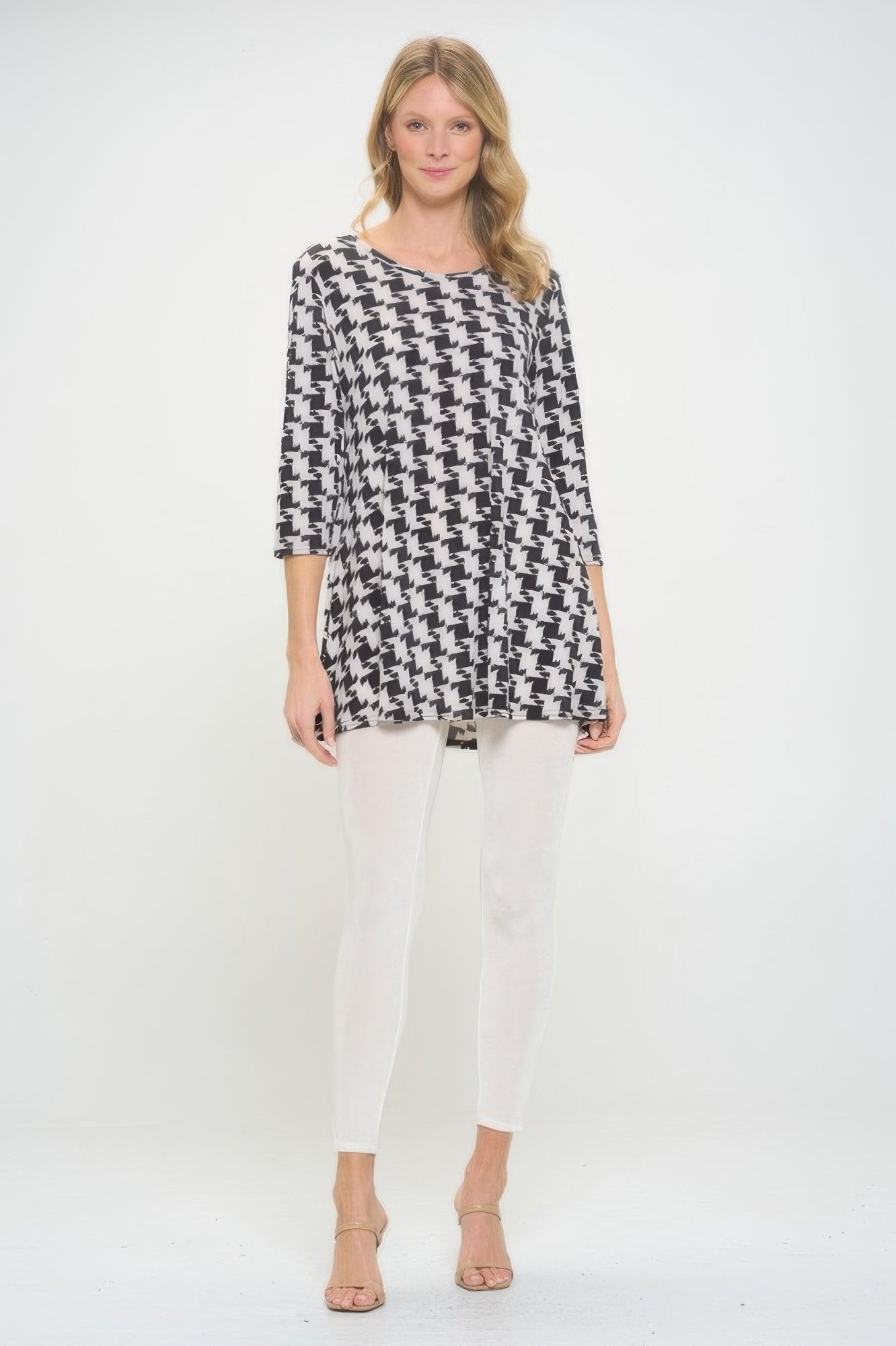 Houndstooth Print Ity Fabric Quarter Sleeve Top