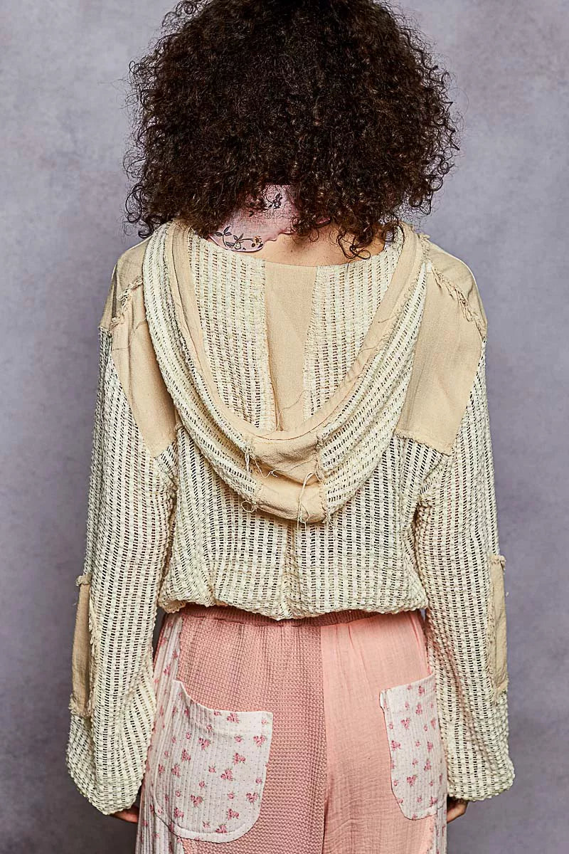 Textured Woven Button Down Hooded Shirt