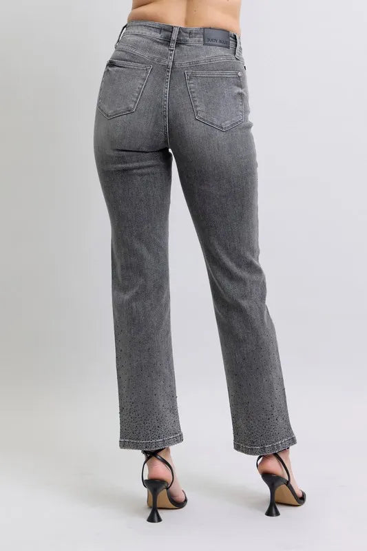 High Waist Rhinestone Straight Jeans