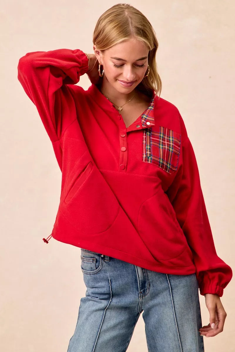 Christmas Theme Fleece Buttoned Top with Pockets