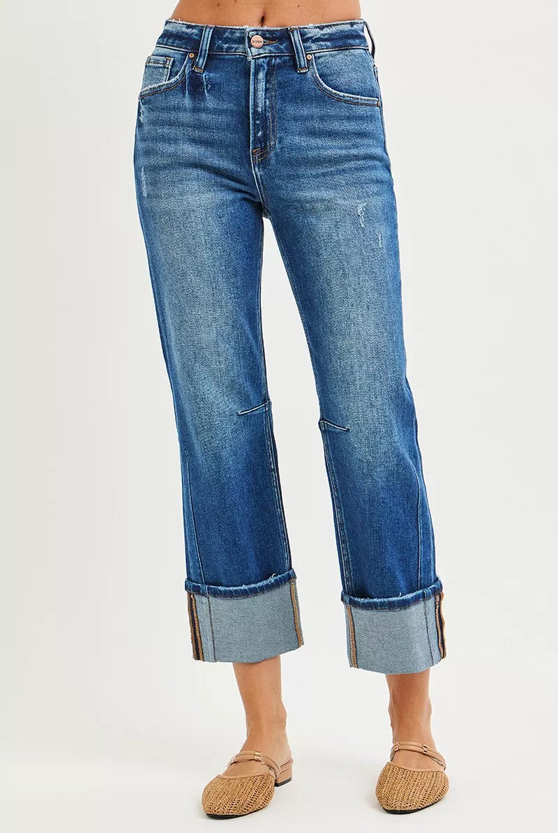 High Rise Straight Jeans with Distressed Hem