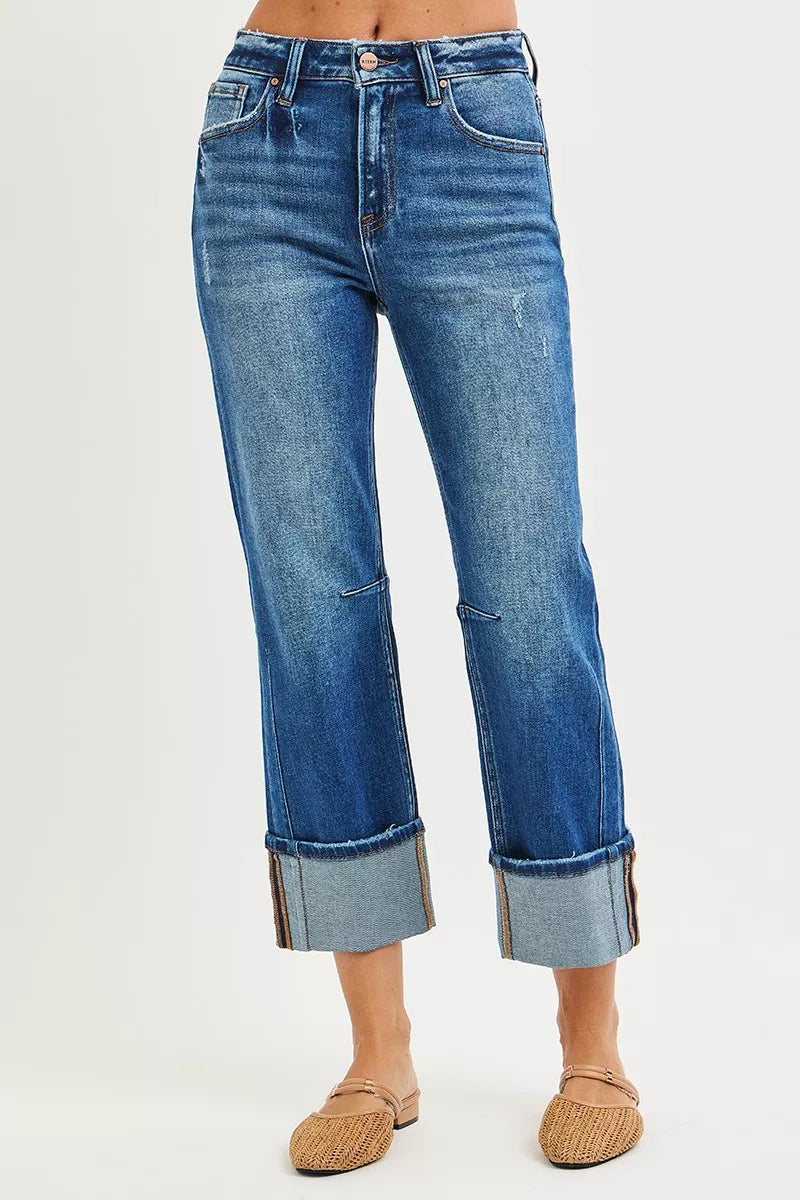 High Rise Straight Jeans with Distressed Hem