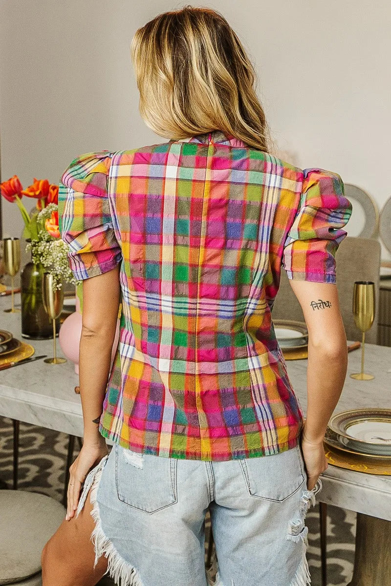 BiBi Short Puff Sleeve Washed Vintage Plaid Top