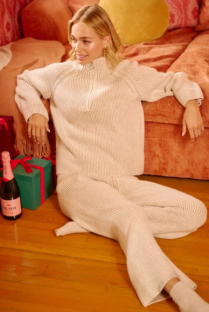 Rib Textured Knit Collared Top with Zip Up