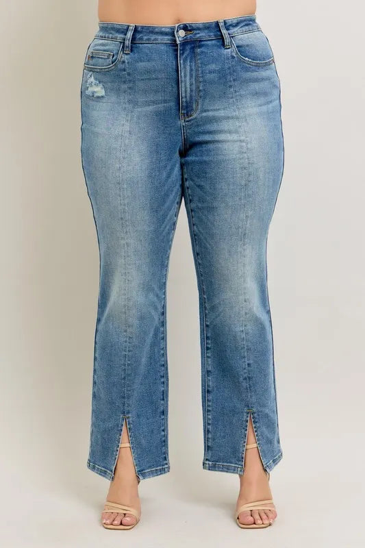 High Waist Front Seam & Slit Straight Jeans
