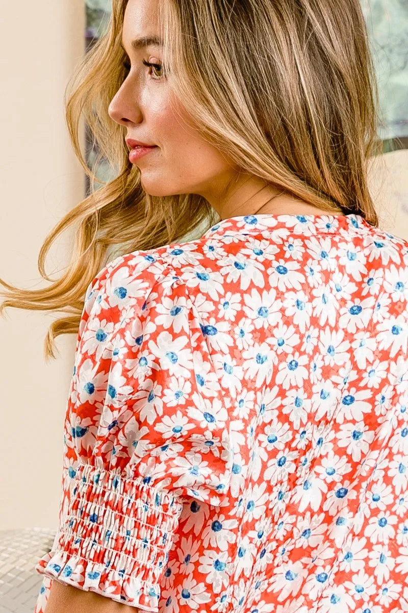 Floral Jacquard Smoked Puff Sleeves Top