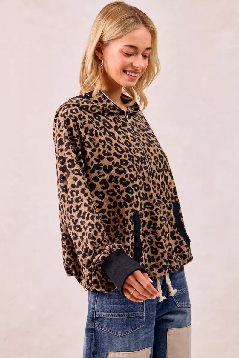 BiBi Leopard Print Waffle Half Zip Up Hoodie W Pocket