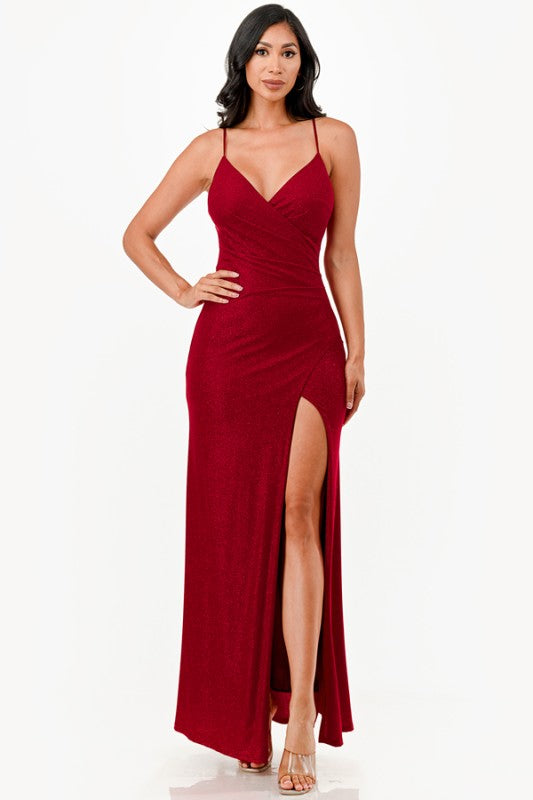 Fitted Glitter Side Pleat Formal Gown