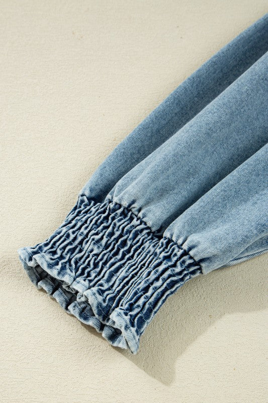 Denim Smocked Cuffs Shirt Mini Dress