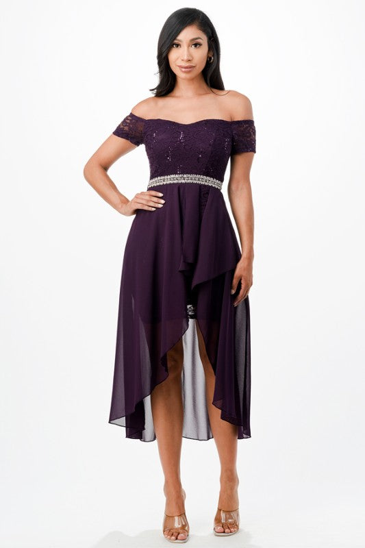 Embellished Waist High-Low Cocktail Dress