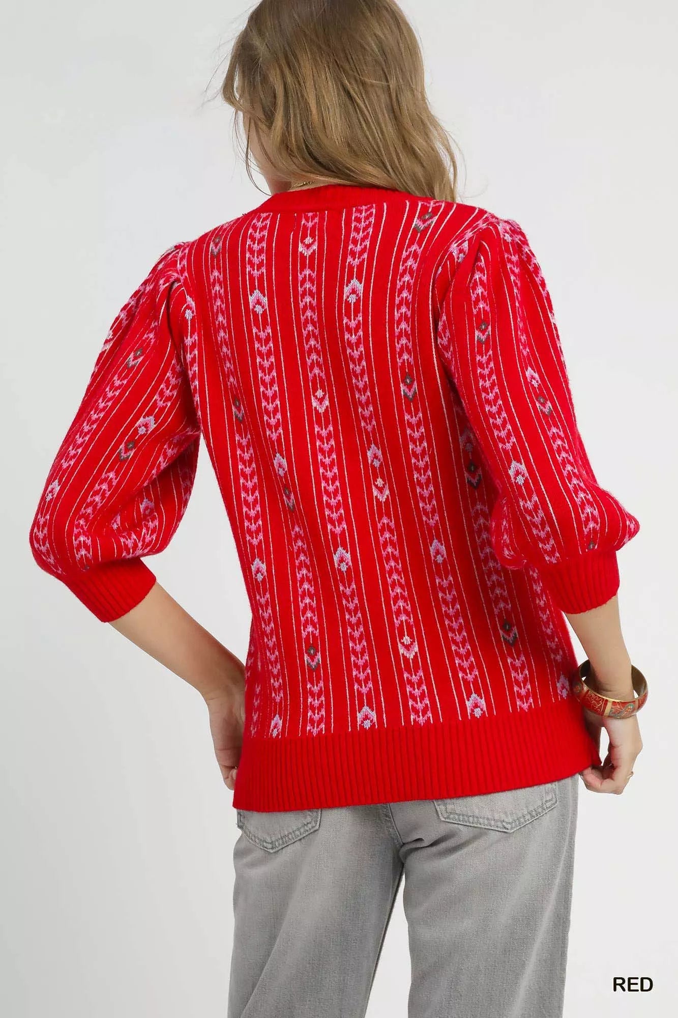 Jacquard Knit Puff Sleeve Sweater