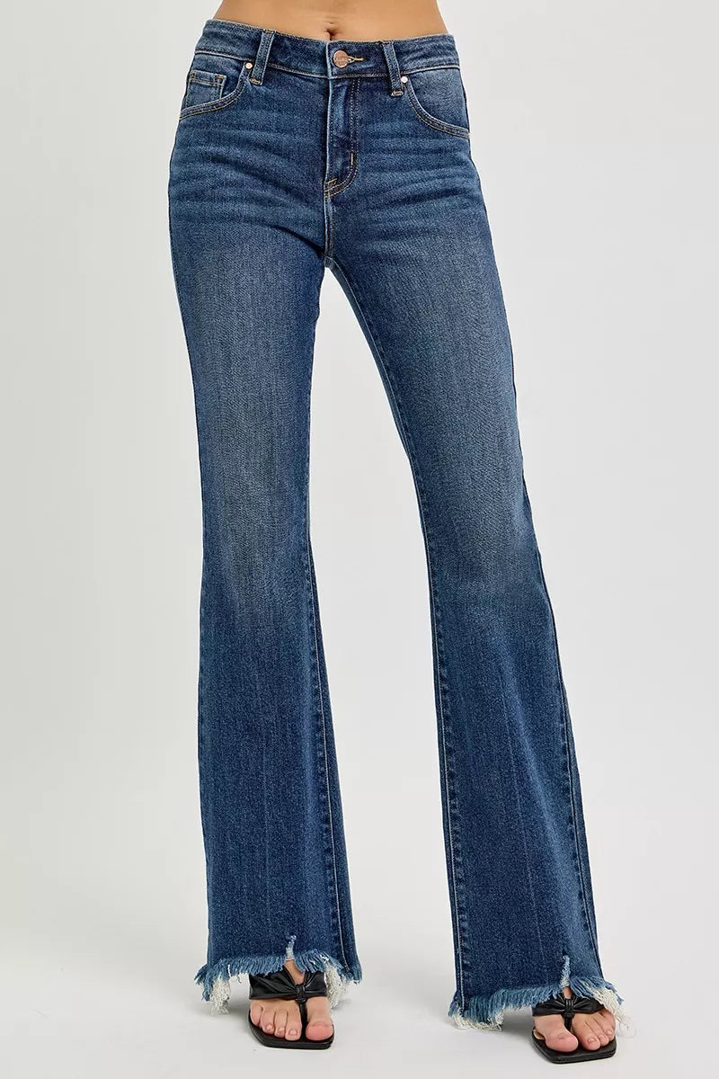 Mid Rise Flare Frayed Hem Jeans