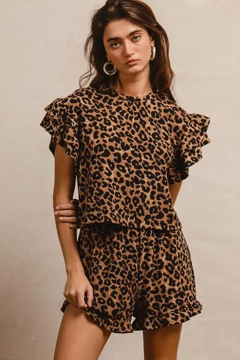 Leopard Print Waffle Texture Top and Shorts Set