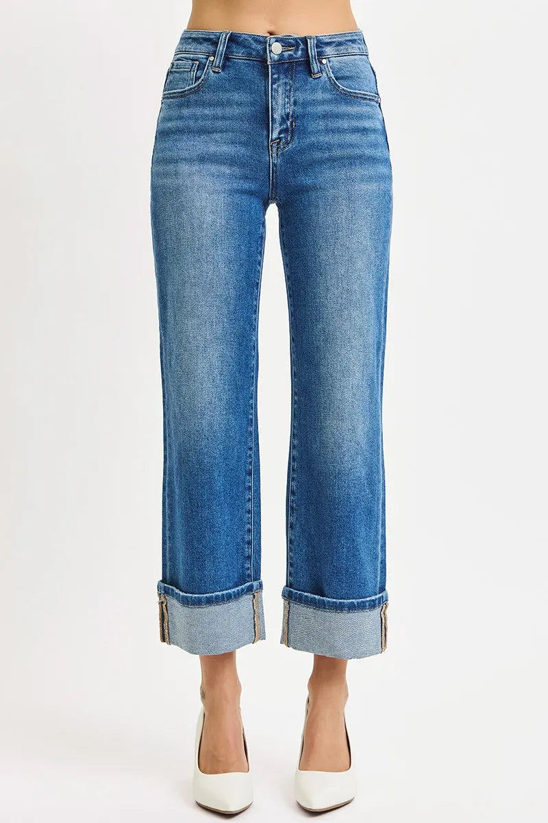 Mid Rise Crop Straight Cuffed Jeans
