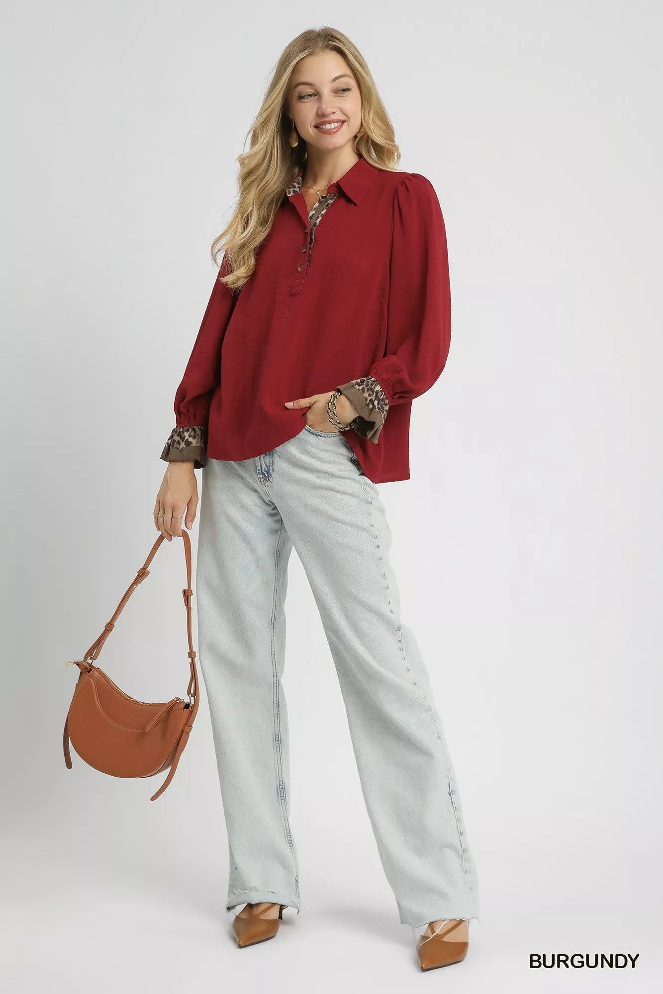 Half Button Blouse with Leopard Print Trim