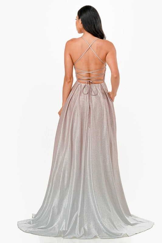 Spaghetti Strap Open Back Floor-Length Gown
