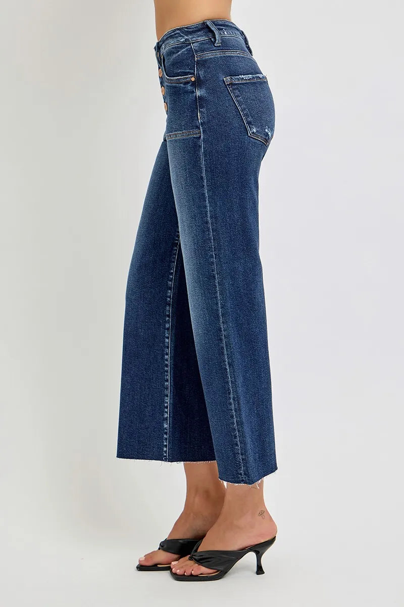 High Rise Wide Button Up Crop Jeans