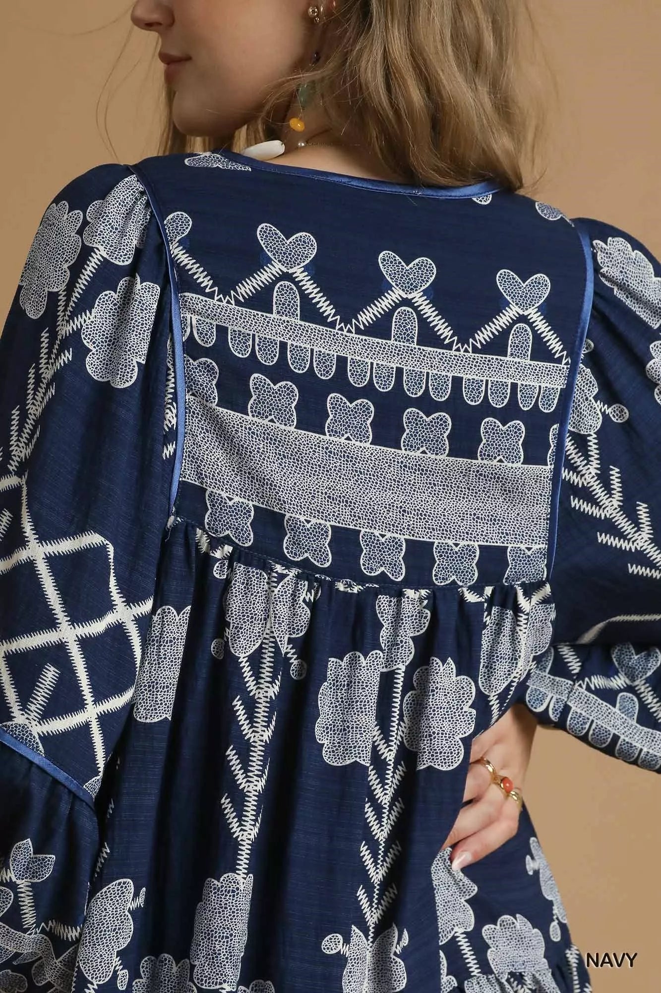 Tribal Print Dress with Tie Neck